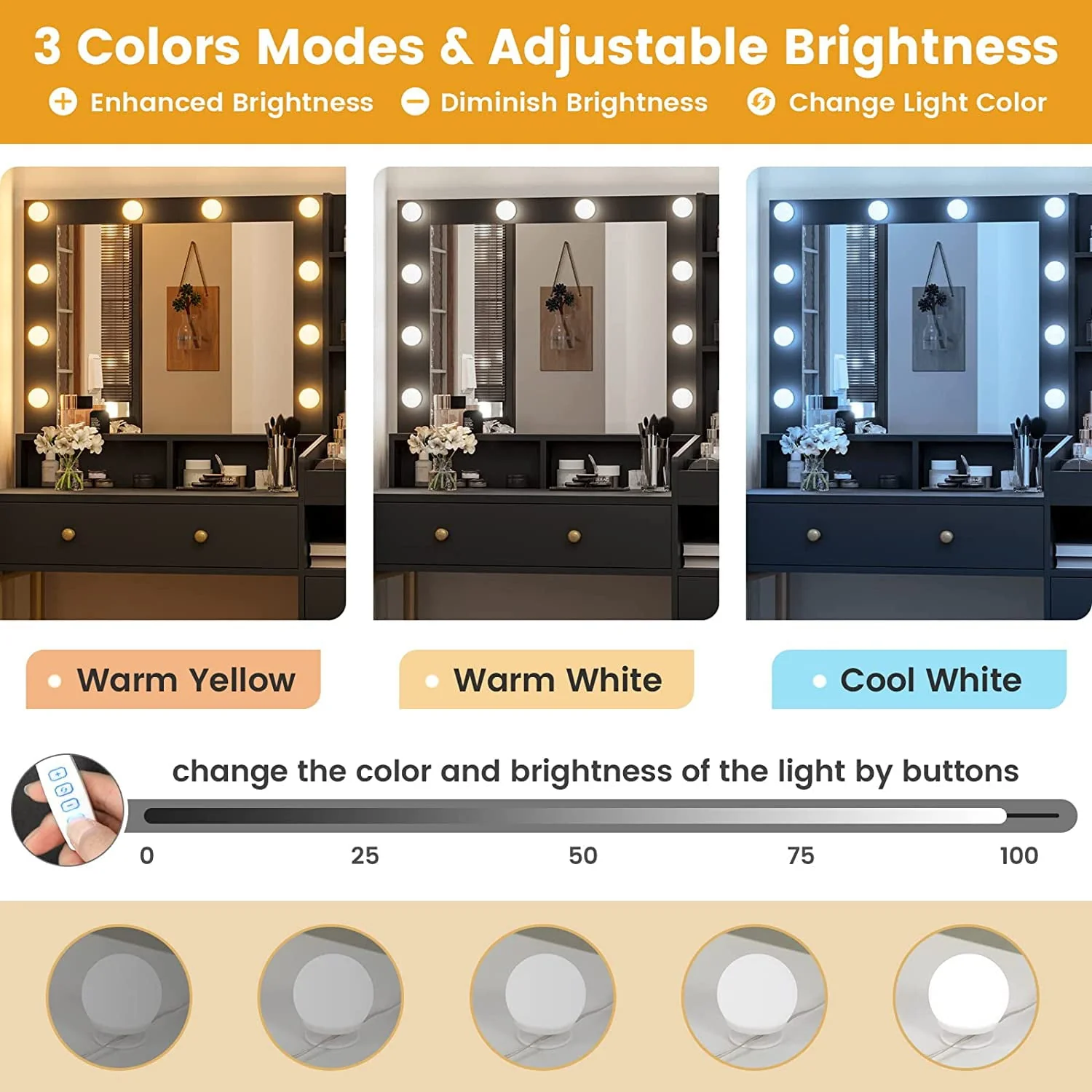 Black Vanity Desk Table with Mirror and Lights in 3 Colors,Modern Makeup Vanity Desk Dressing Table with Charging Station & Drawers & Storage Cabinet for Women Girls