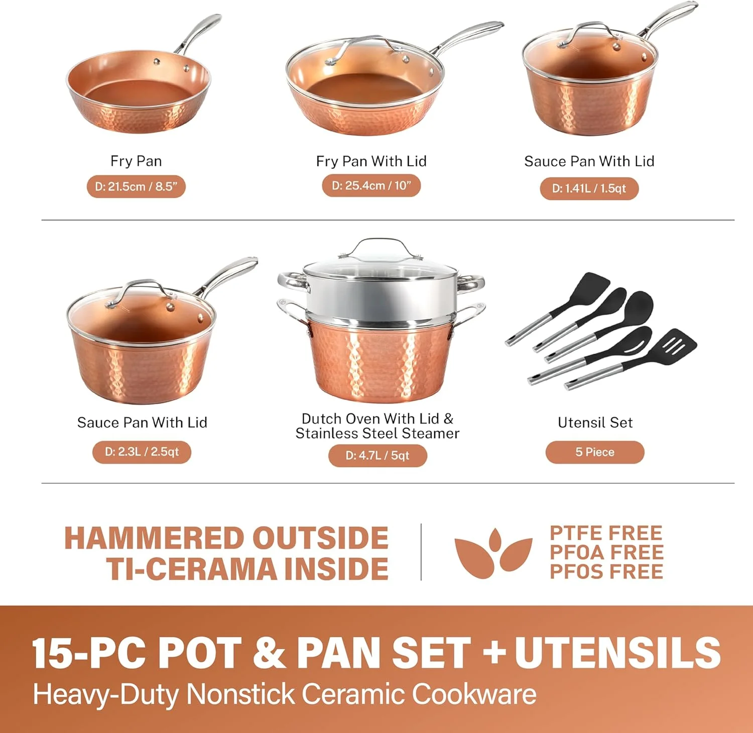 Gotham Steel Hammered 15 Pc Ceramic Pots and Pans Set Non stick, Cookware Set Nonstick for Kitchen with Utensils, Pots and Pans for Cooking, Non Toxic Cookware Sets, Oven and Dishwasher Safe, Copper