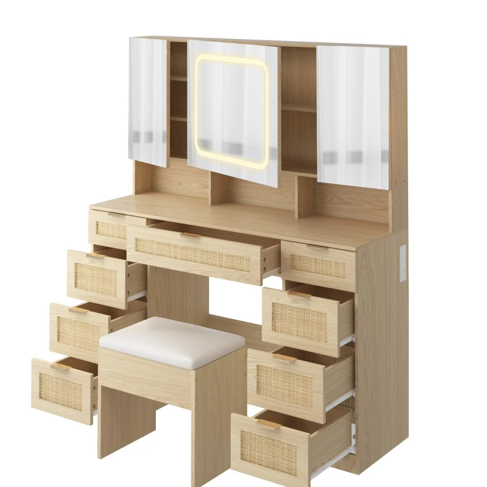 IVV Vanity Desk Set with Large LED Lighted Mirror & Power Outlet, Makeup Dressing Table with 9 Drawers and 3 Cabinets in Mirrored Doors, 47