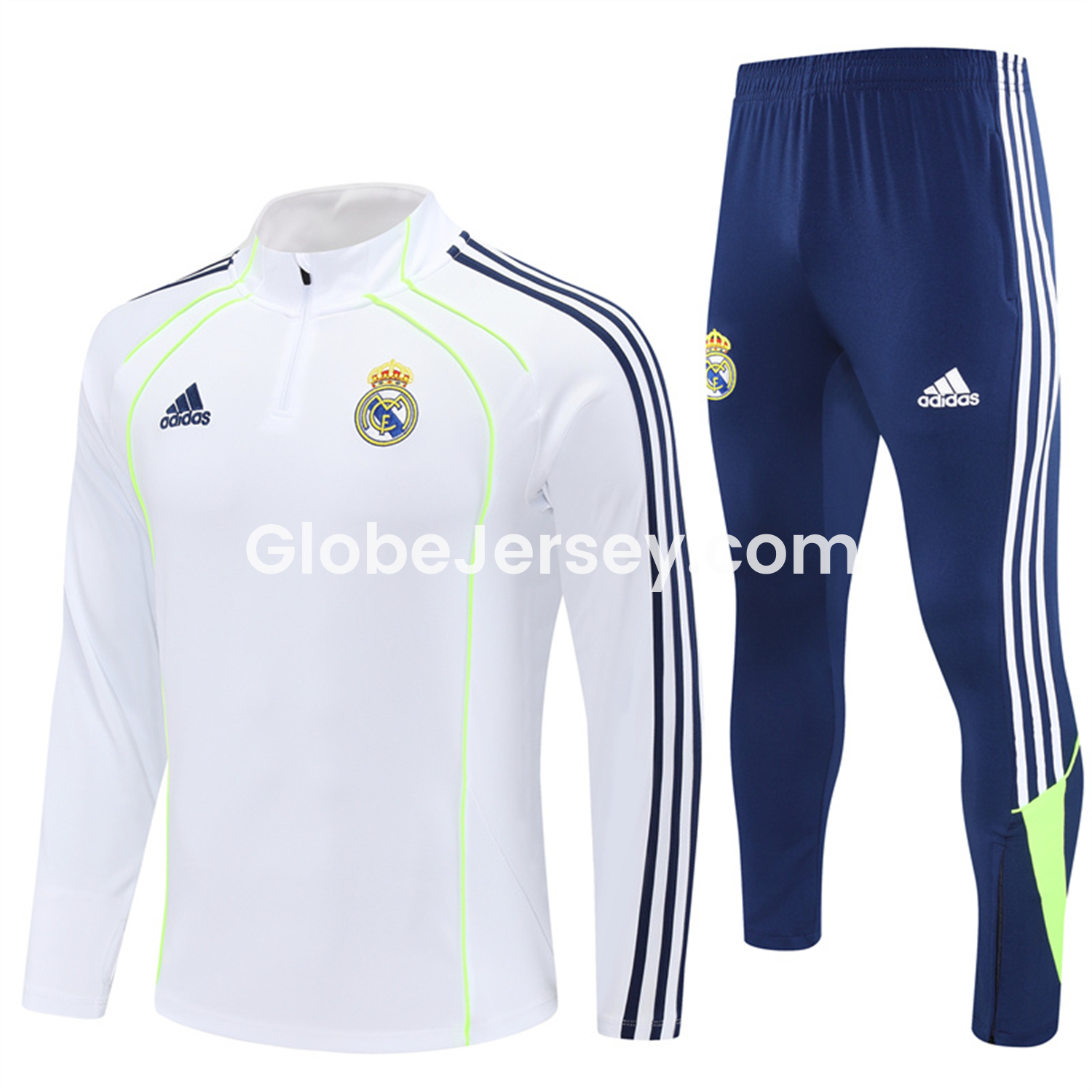 Real Madrid 25-26 Long Sleeve Training Set - Green Line White Top and Blue Pants