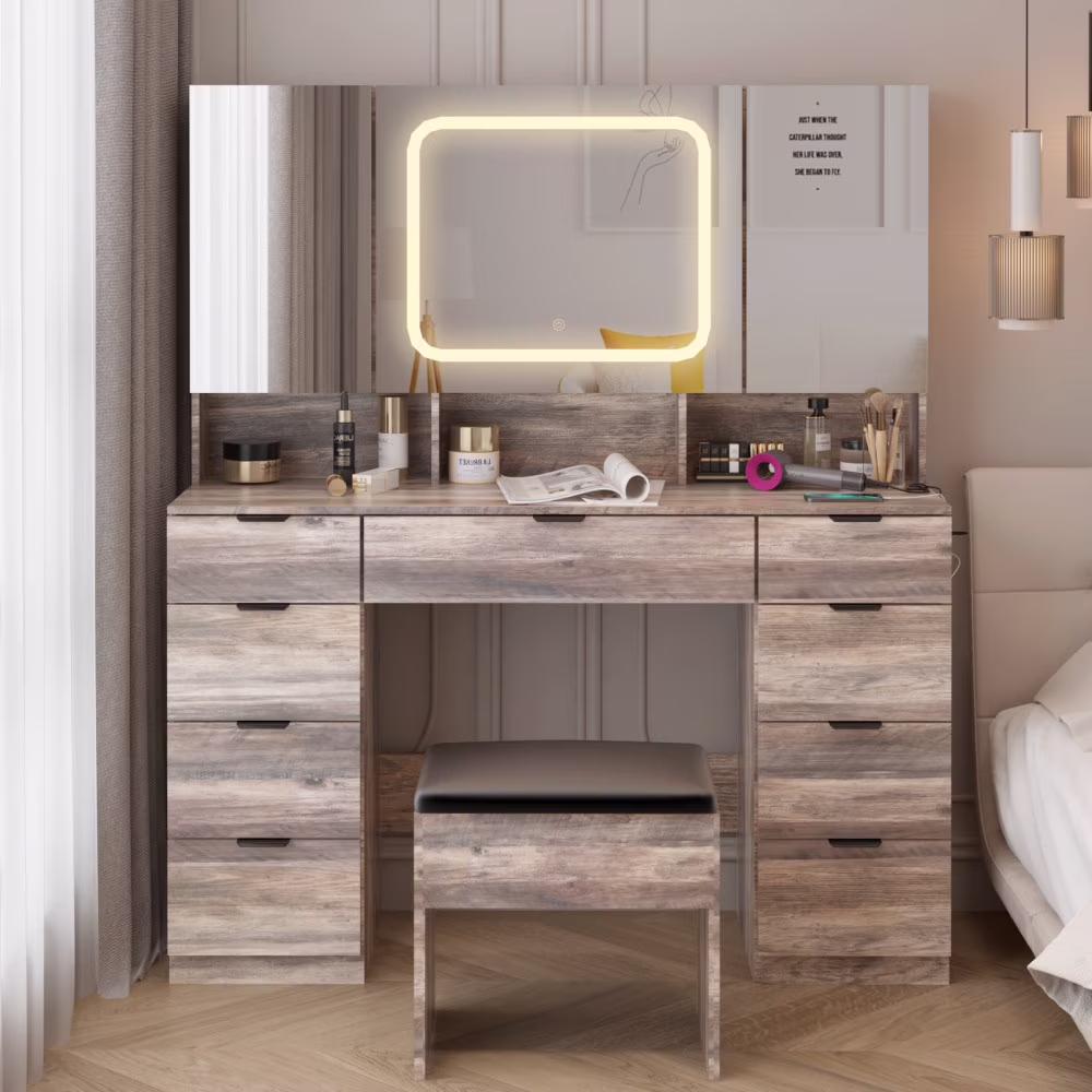 IVV Vanity Desk Set with Large LED Lighted Mirror & Power Outlet, Makeup Dressing Table with 9 Drawers and 3 Cabinets in Mirrored Doors, 47
