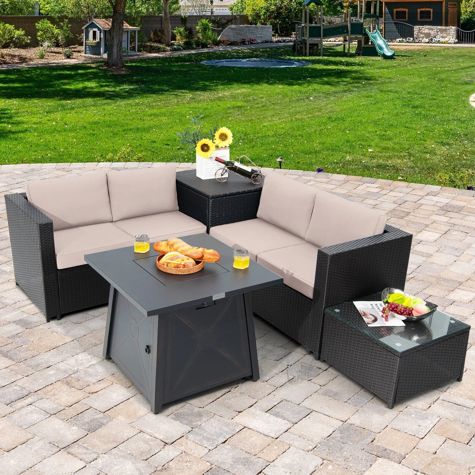 Topbuy 5-Piece Outdoor Patio Furniture Set with 50,000 BTU Propane Fire Pit Table Patio PE Wicker Conversation Set with Cushions Storage Box and Tempered Glass Coffee Table Beige
