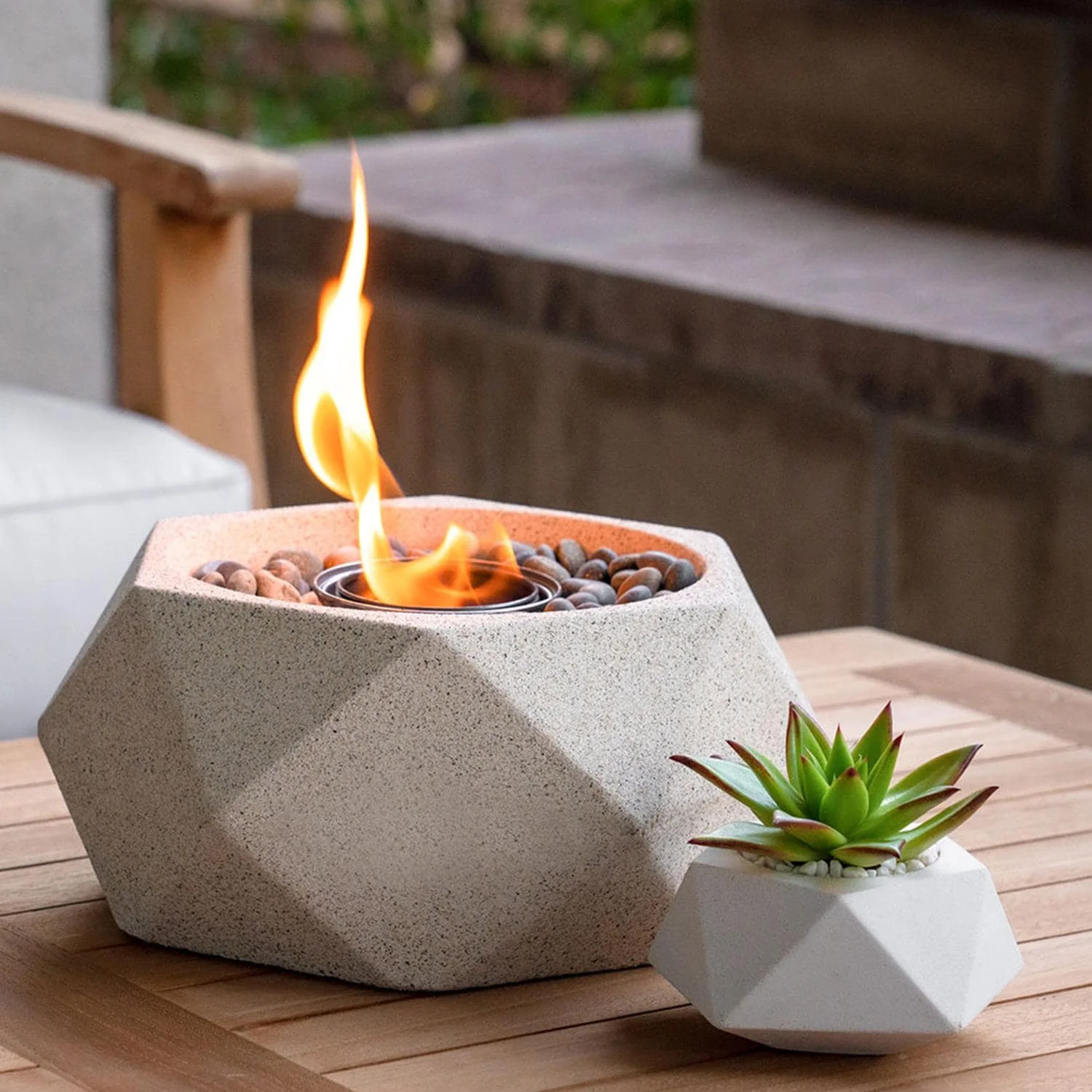 TerraFlame Basin Table Top Fire Bowl Gel Fuel - Stone Cast - White