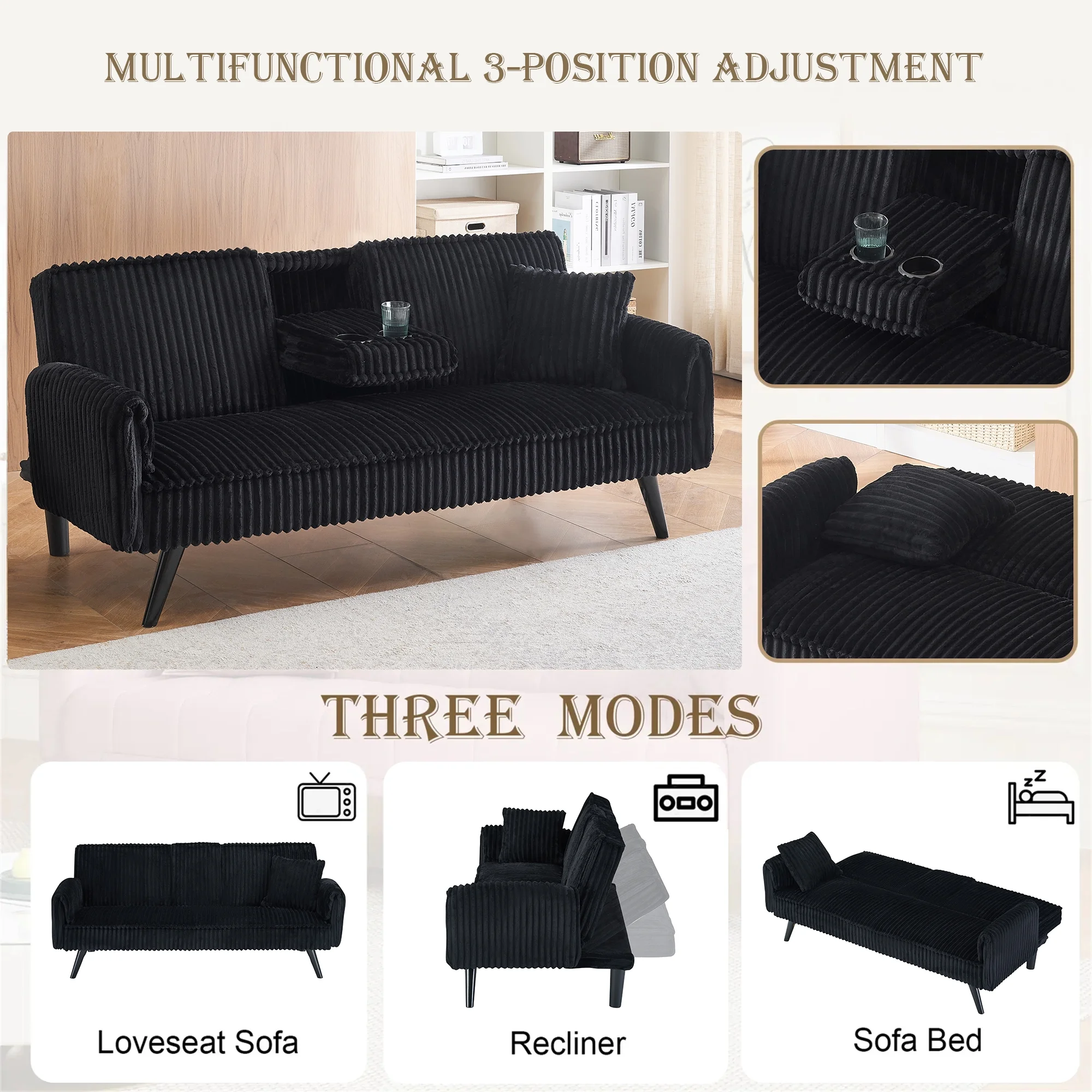 Aukfa Futon Convertible Sofa Bed, 2 Cup Holders& Pillow, Straight-line Tufted Corduroy, Black