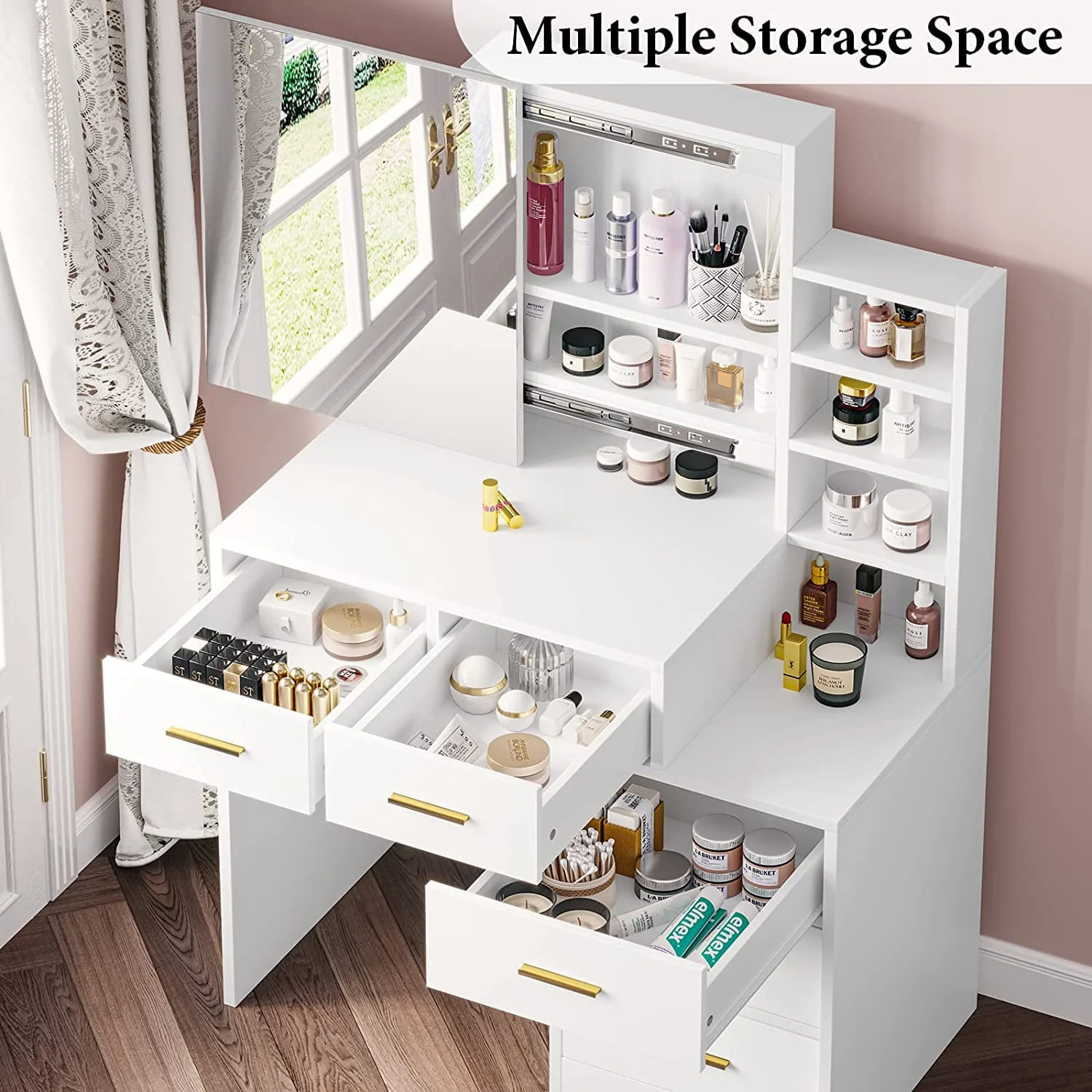 Tiptiper Makeup Vanity Table with Mirror, Storage Cabinet, Dressing Desk 5 Drawers and Shelves, White