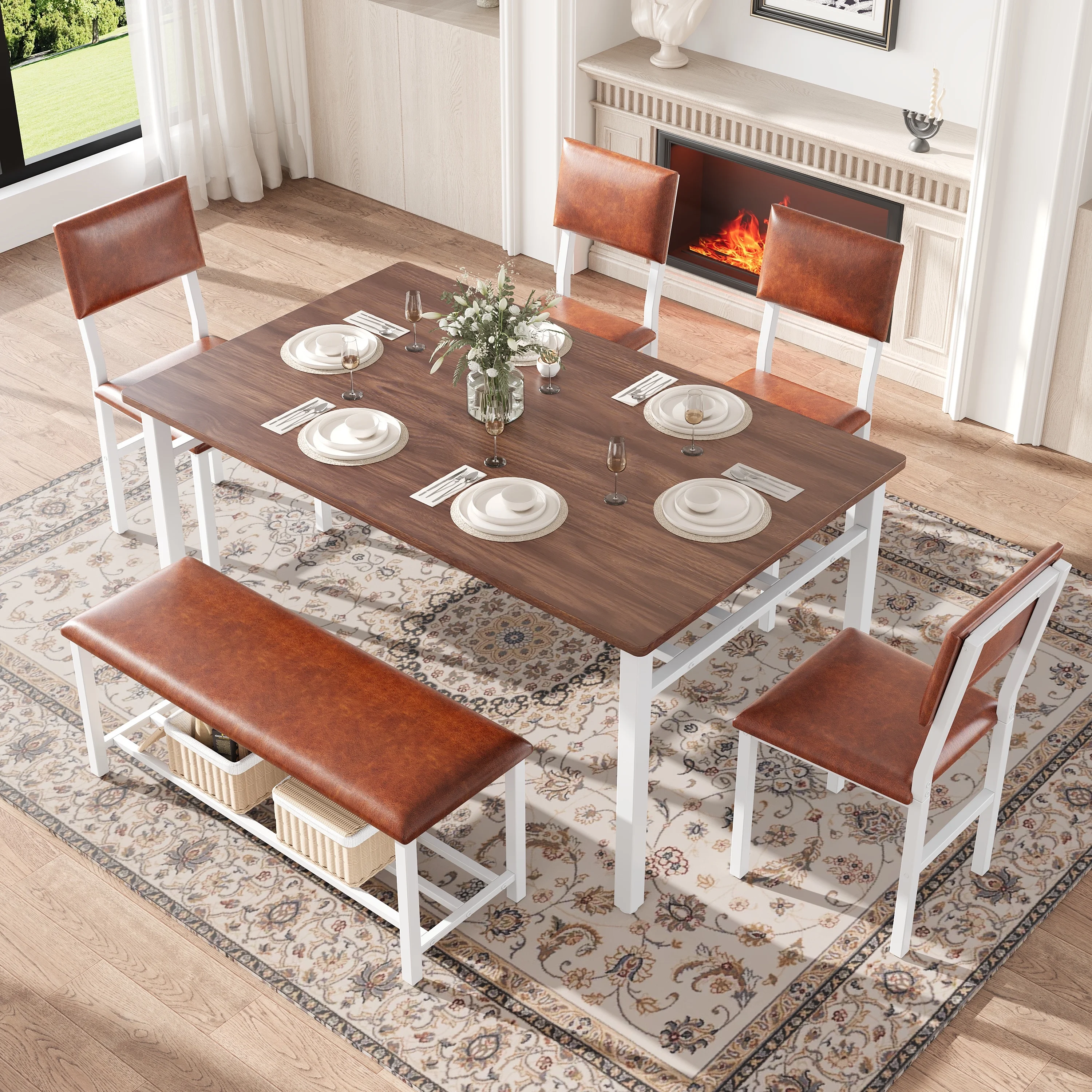6 Piece Dining Set with Bench, LEGAHOME Modern Dining Table Set for 6, Large Kitchen Table and Chairs for 6 Persons, Rectangle Dinette Sets with 4 Chairs and 1 Bench for Family, Industrial Brown