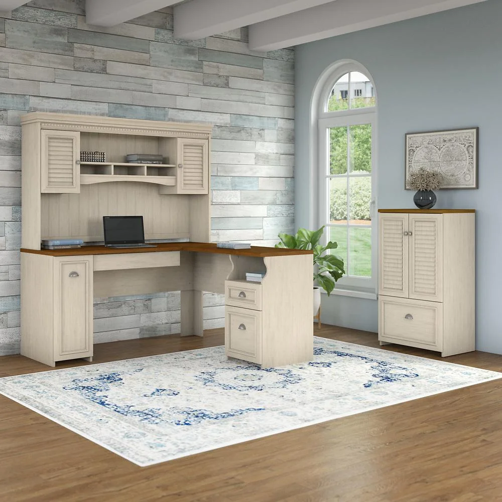 Fairview L Desk with Hutch and Storage Cabinet in White/Gray - Engineered Wood