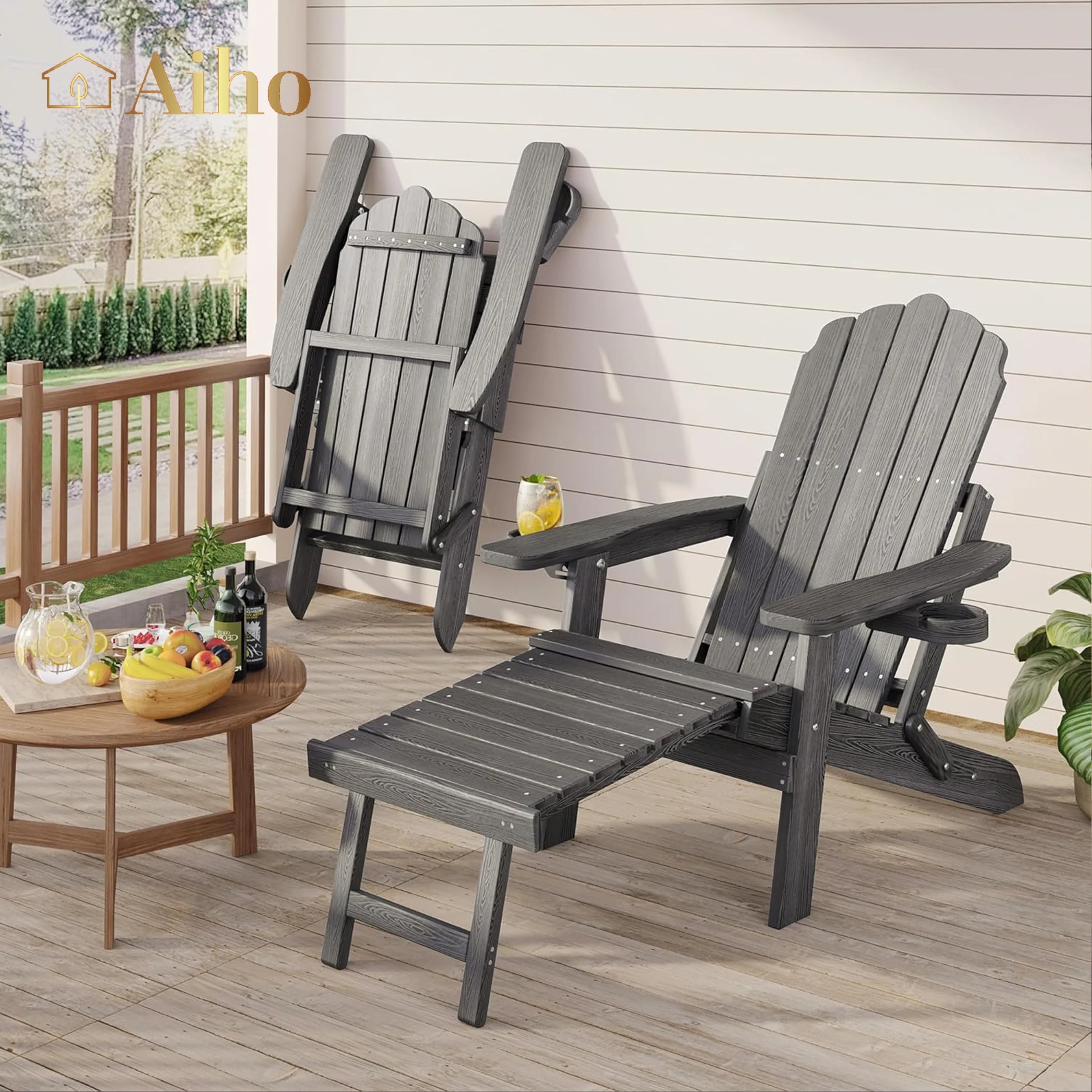 Aiho Foldable Adirondack Lounge Chair with Ottoman & Cup Holder - Outdoor Patio Garden Recliner, Gray