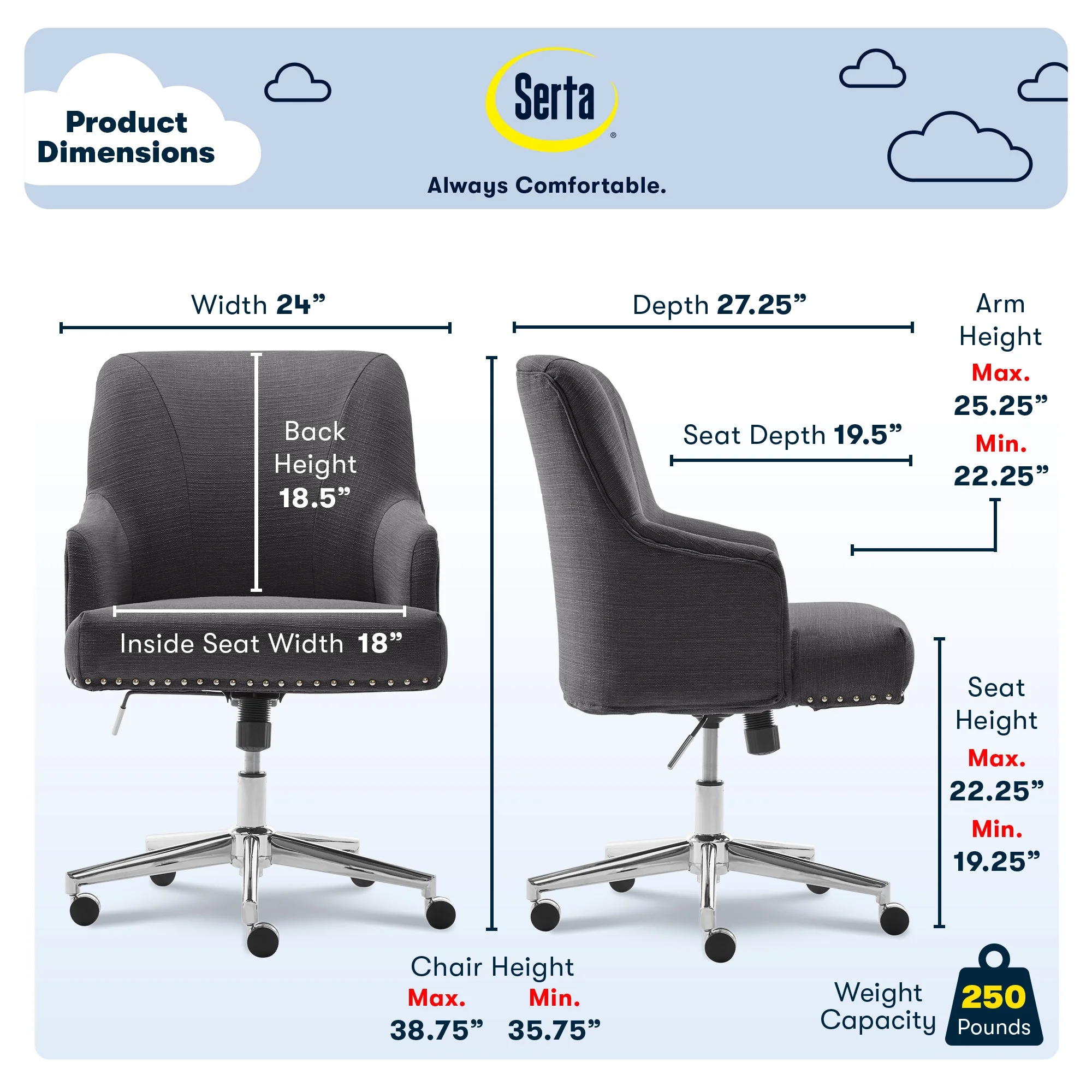 Serta Leighton Home Office Desk Chair Chrome Nailheads Twill Fabric Lilac Purple
