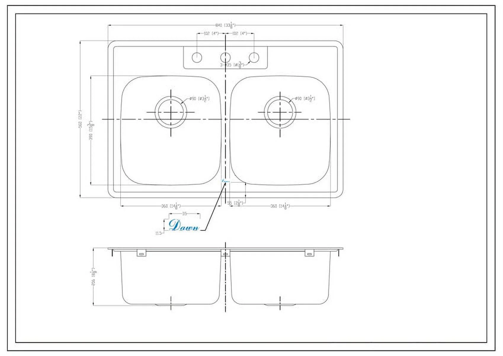 Dawn? Top Mount Equal Double Bowl Sink With Three Pre-cut Faucet Holes