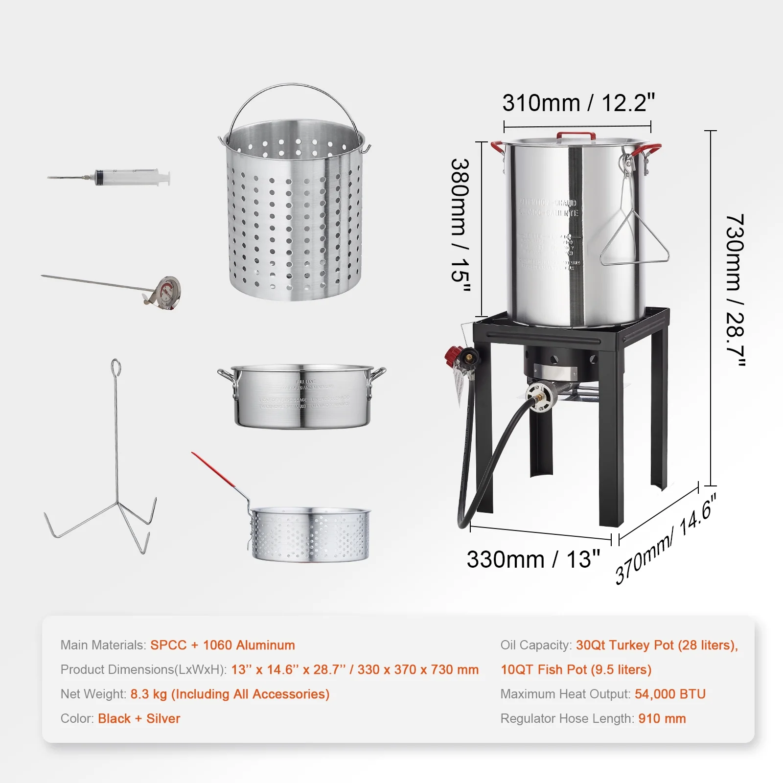KFFKFF Deep Fryer for Turkey, Set of 30-qt Poultry and 10-qt Fish Steamer Cooker, Outdoor Seafood Frying Pot made of Aluminum, Propane Gas Boiler with 54,000 BTU Burner, Comes with Baskets, Poultry
