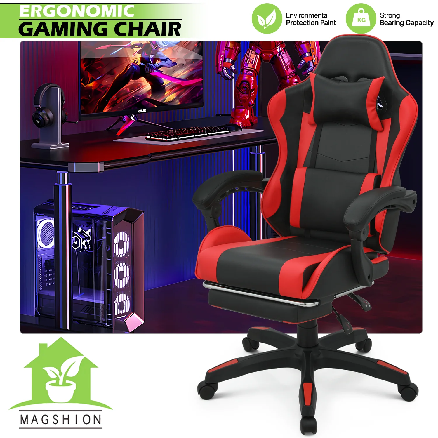 Magshion Adjustable Gaming Chair, Ergonomic PC Computer Seat with Headrest and Lumbar Support for Adults Teens Desk Chair, Black