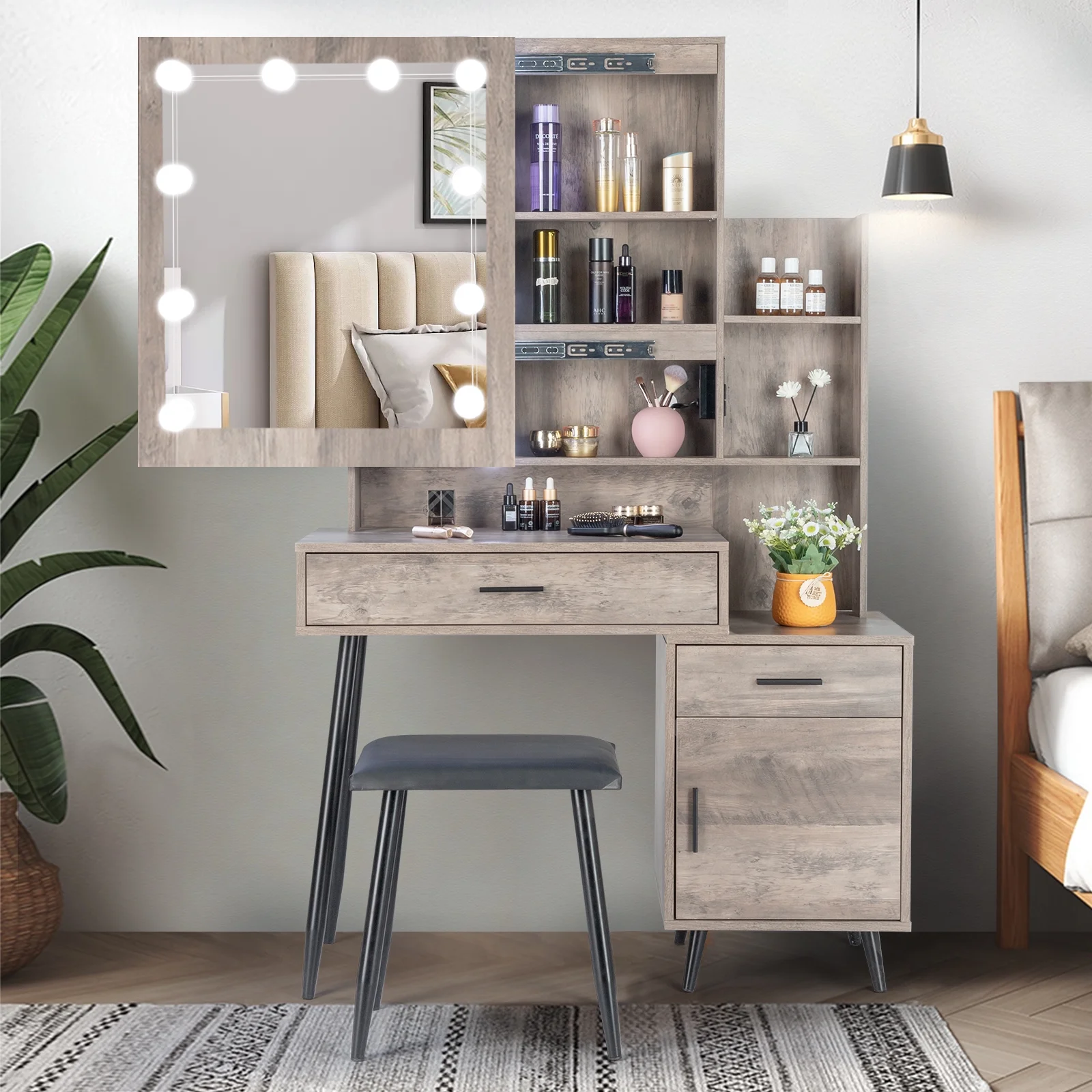 Ktaxon Vanity Set with 3 Color Lighted Mirror & Charging Station, Makeup Table with 3 Storage Shelves & Drawers, Dressing Table Makeup Desk with Stool,Retro Gray