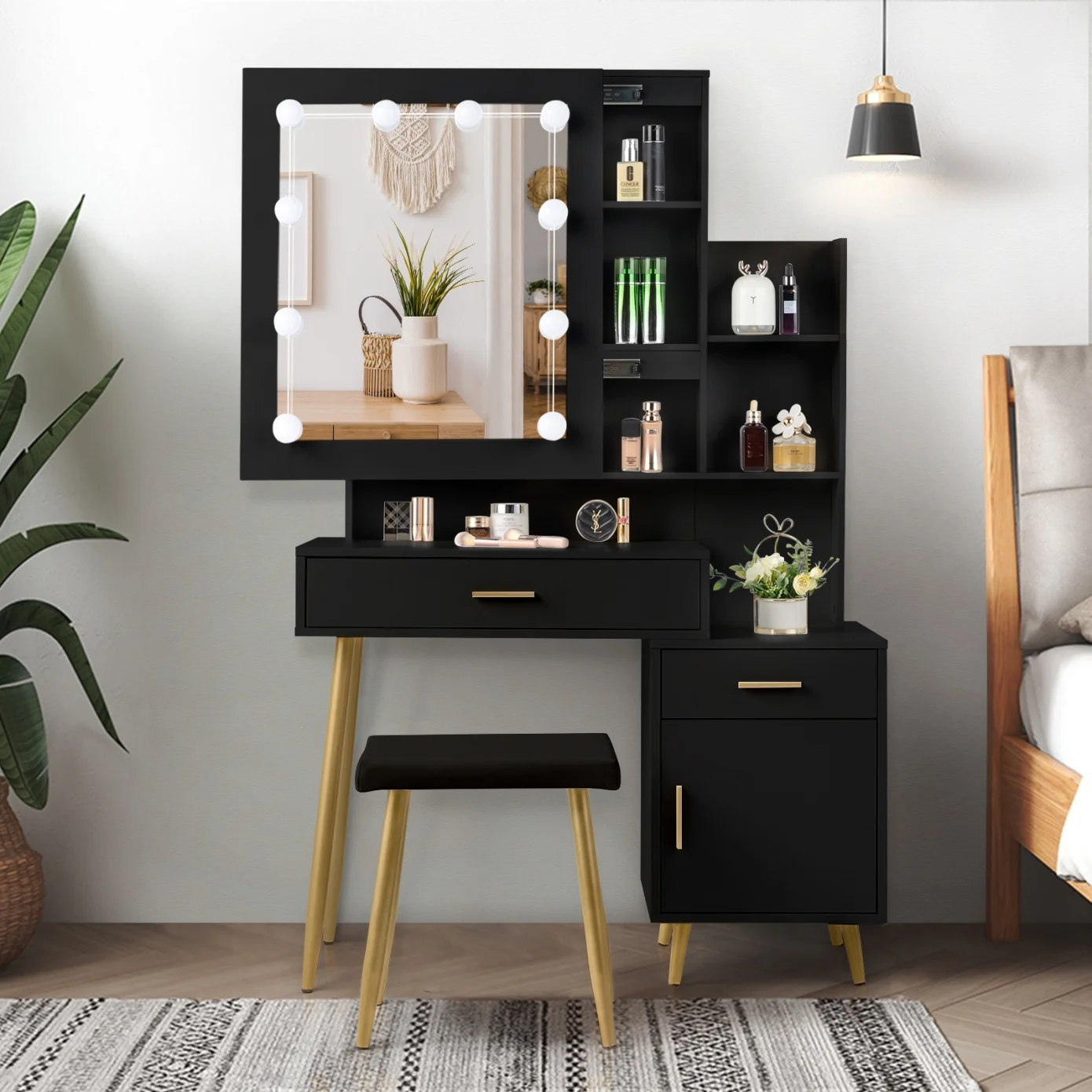 Black Bedroom Makeup Vanity Set, Vanity Desk with Light, Mirror and Cushioned Stool, Modern Makeup Dressing Table for Girls, Wife, Daughter, Mother, Adjustable Light Brightness