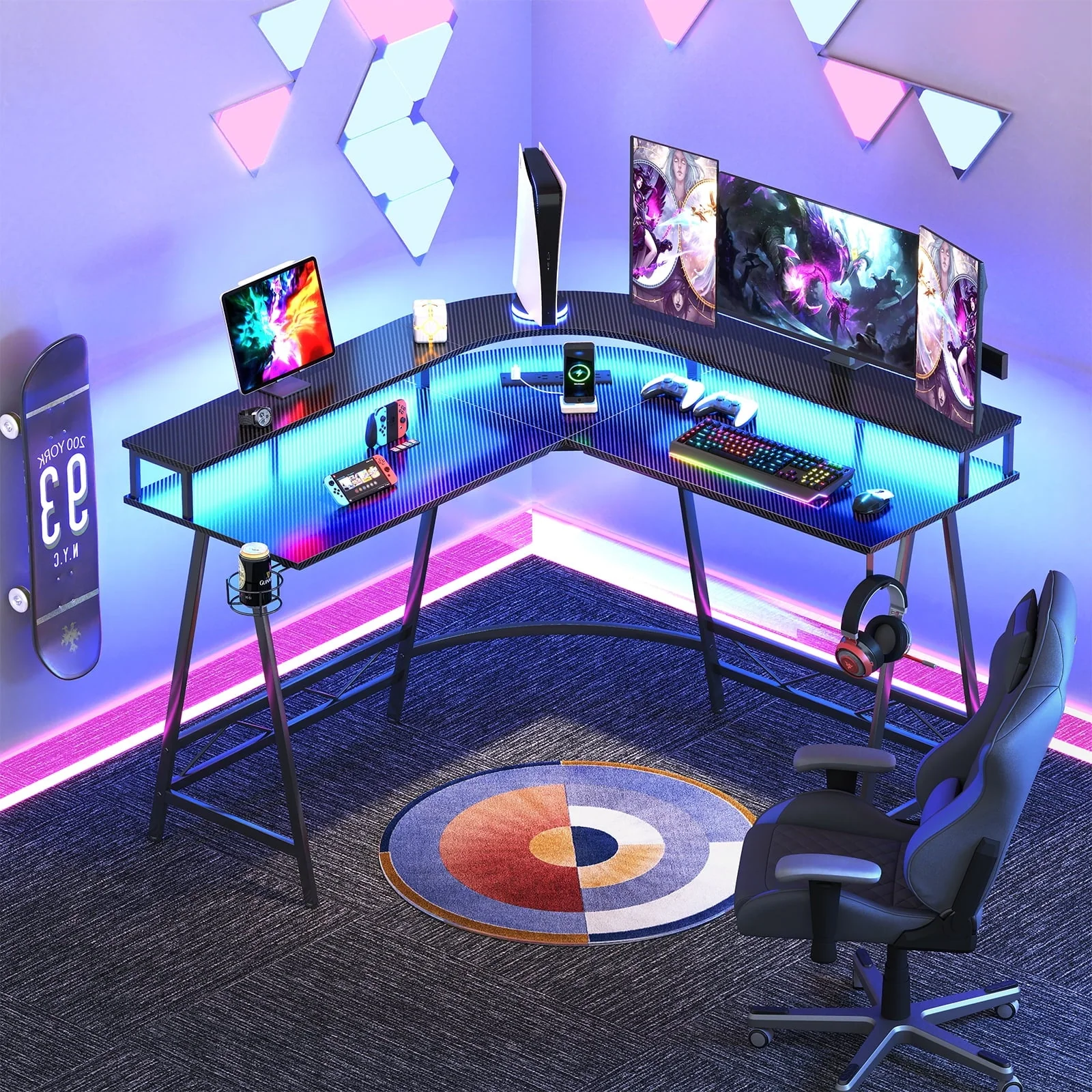 Huuger L Shaped Gaming Desk with LED Lights & Power Outlets, Computer Desk with Monitor Shelves, Home Office Desk Corner Desk with Cup Holder & Hook, Carbon Fiber Black