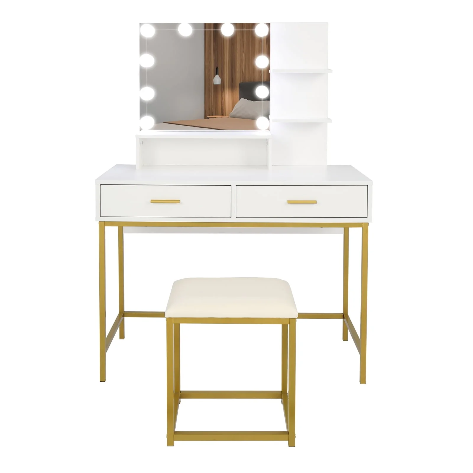 Ktaxon Vanity Table Set with 3 Color Lighted Mirror & Stool, Makeup Vanity Dressing Table, 2 Drawers and Storage Shelves for Bedroom, Gold Vanity Desk for Women Girls (White)