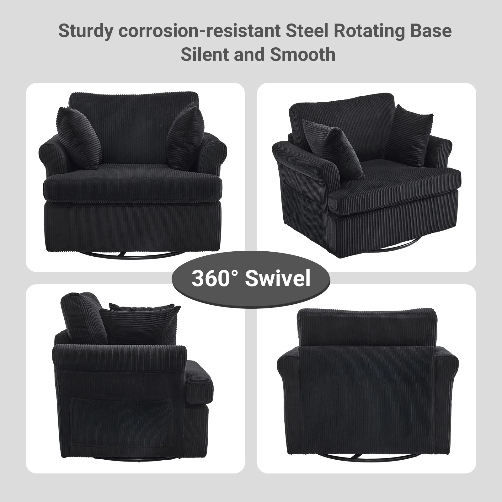 Ktaxon Swivel Accent Chair, 360-Degree Rotation Reading Chair, Corduroy Fabric Sofa with Armrest Pockets, Solid Metal Base, Perfect for Living Room Bedroom Black