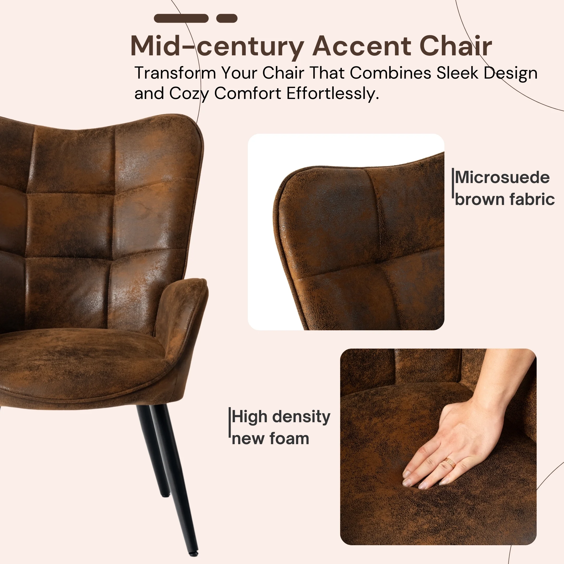 Living Room Desk Chair Leisure Chair - Nursery Desk chairs with Tufted Upholstery Wing Mid Back Metal Legs, Brown Suede Black Metal
