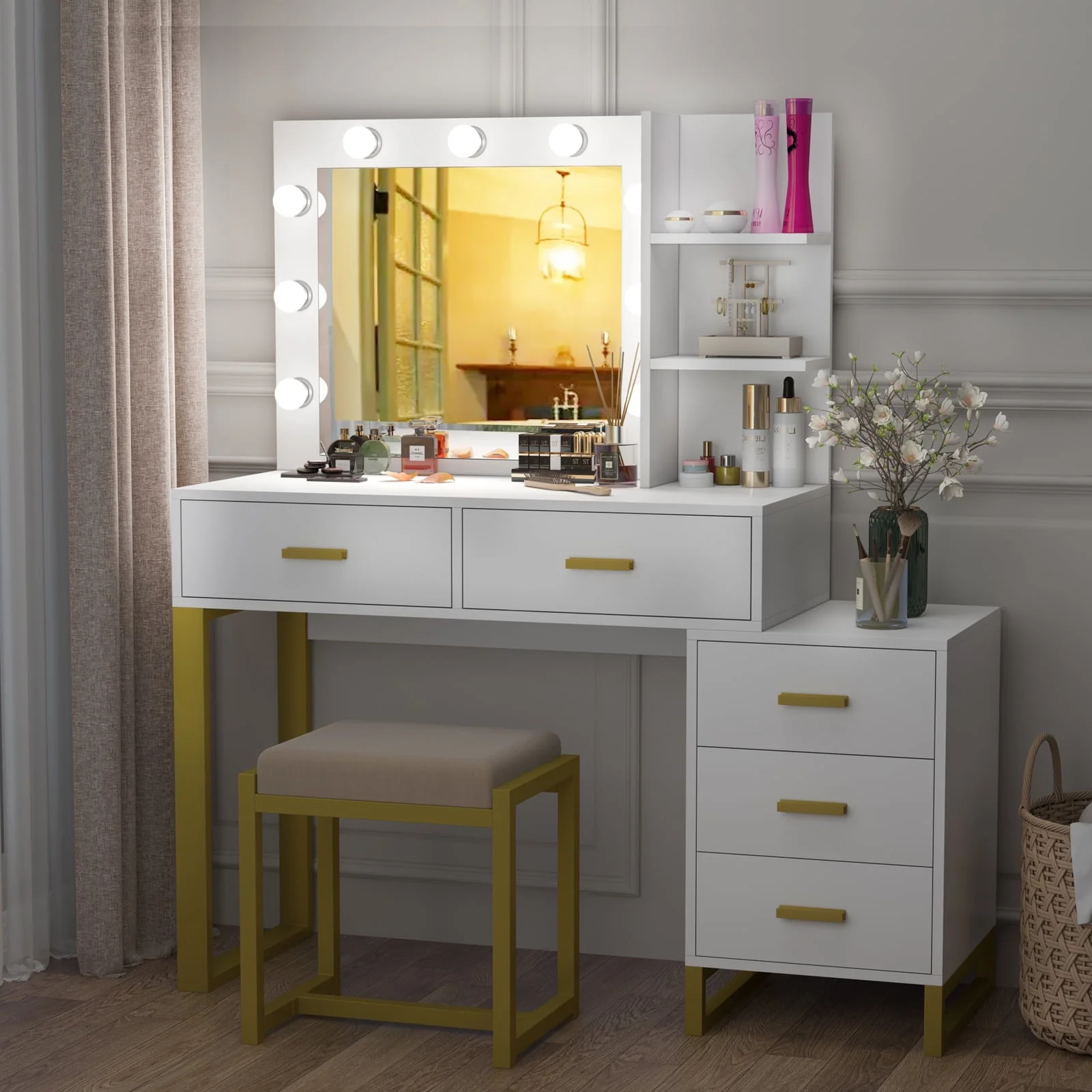 PAKASEPT Vanity Set with Lighted Mirror, Large Vanity Desk Makeup Vanity Dressing Table with 9 LED Lights, 5 Drawers, Storage Shelves&Cushioned Stool for Bedroom