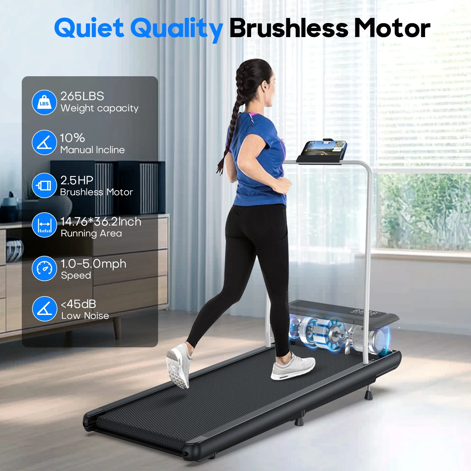 YZRUN Walking Pad, 2.5 HP Treadmills for Home Small with Handles, 5 MPH Under Desk Treadmill Walking Pad, 265 LBS