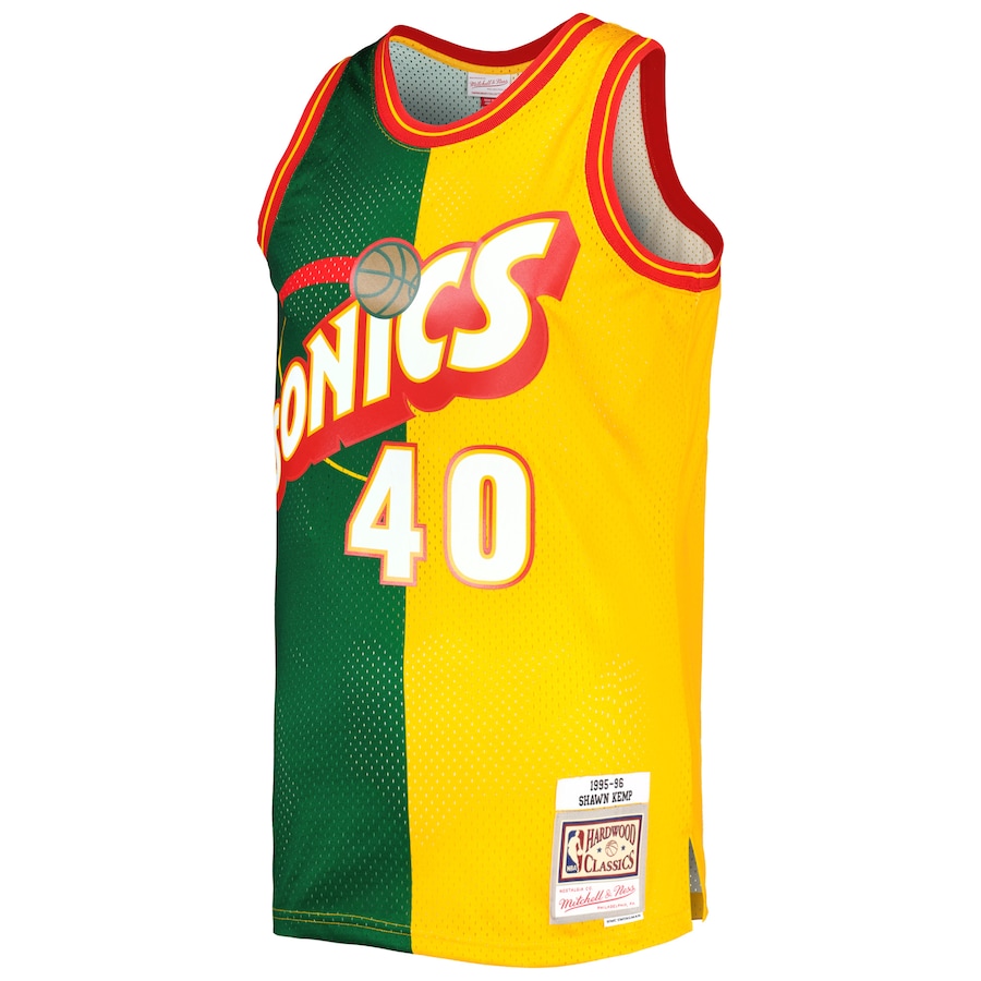 Men's Seattle SuperSonics Shawn Kemp Mitchell & Ness Green/Gold Hardwood Classics 1995/96 Split Swingman Jersey