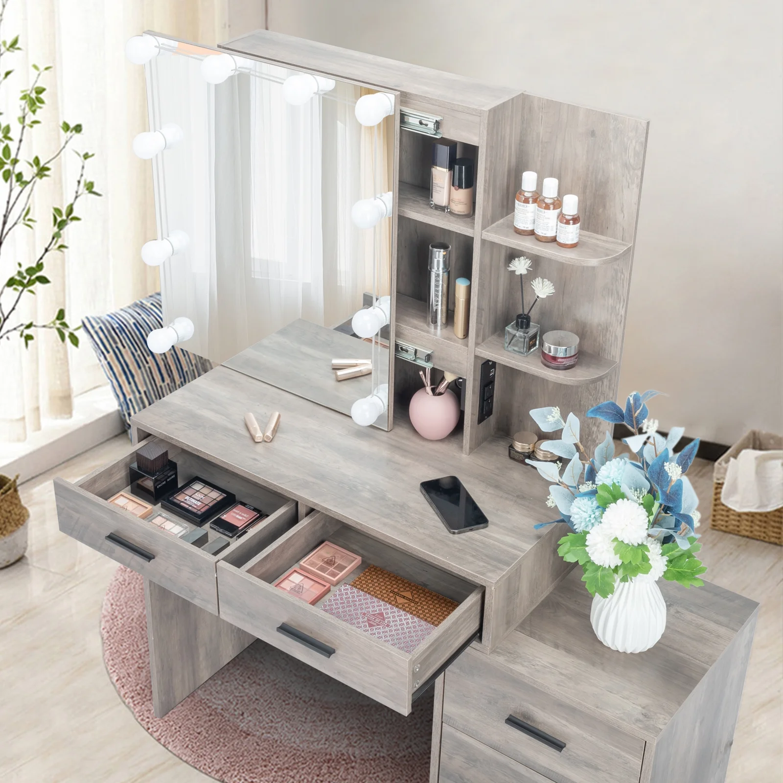 Ktaxon Vanity Set with 3 Color Lighted Mirror & Charging Station, Makeup Table with 3 Storage Shelves & Drawers, Dressing Table Makeup Desk with Stool,Retro Gray