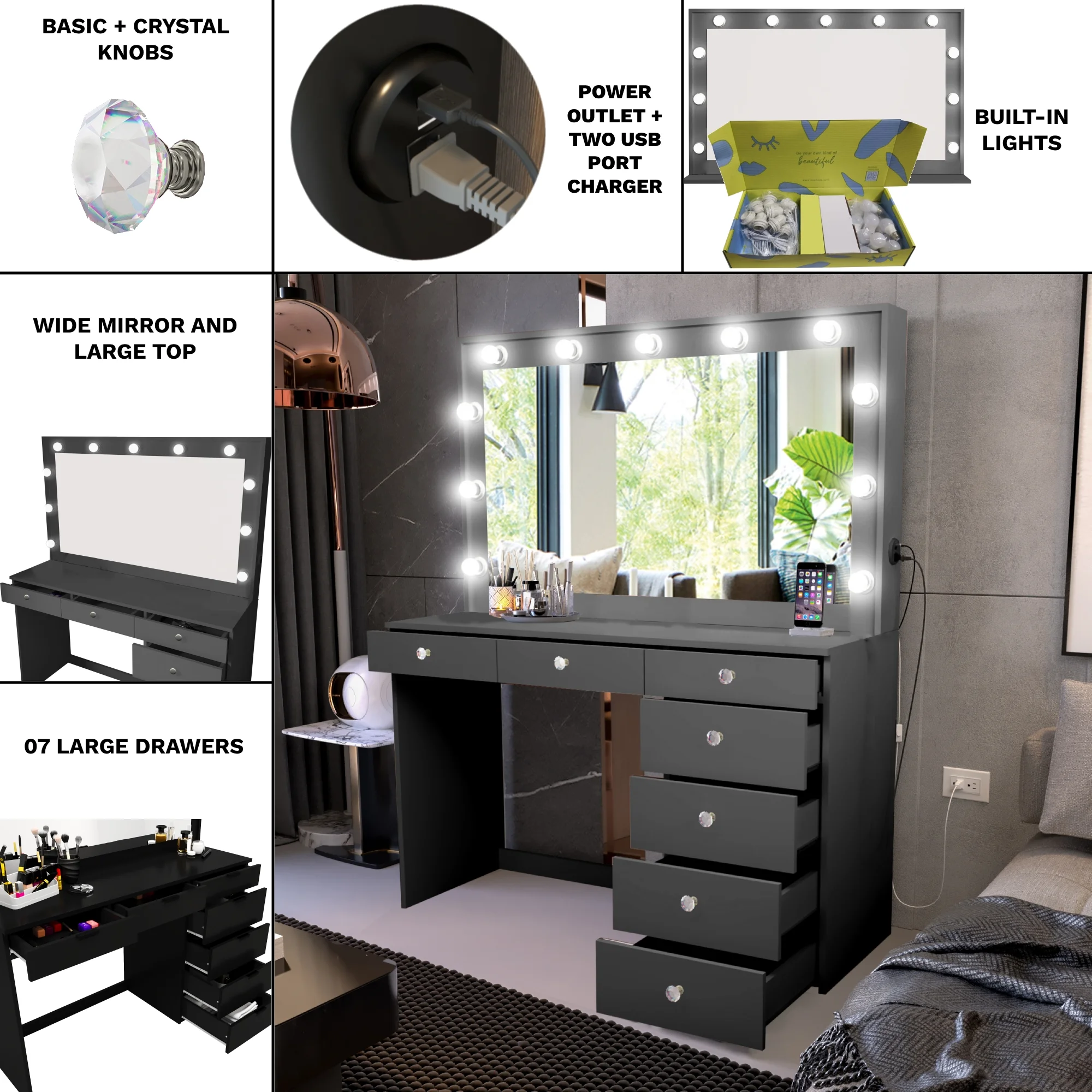 Ember Interiors Peggy Vanity Desk with Lighted Mirror and USB Ports