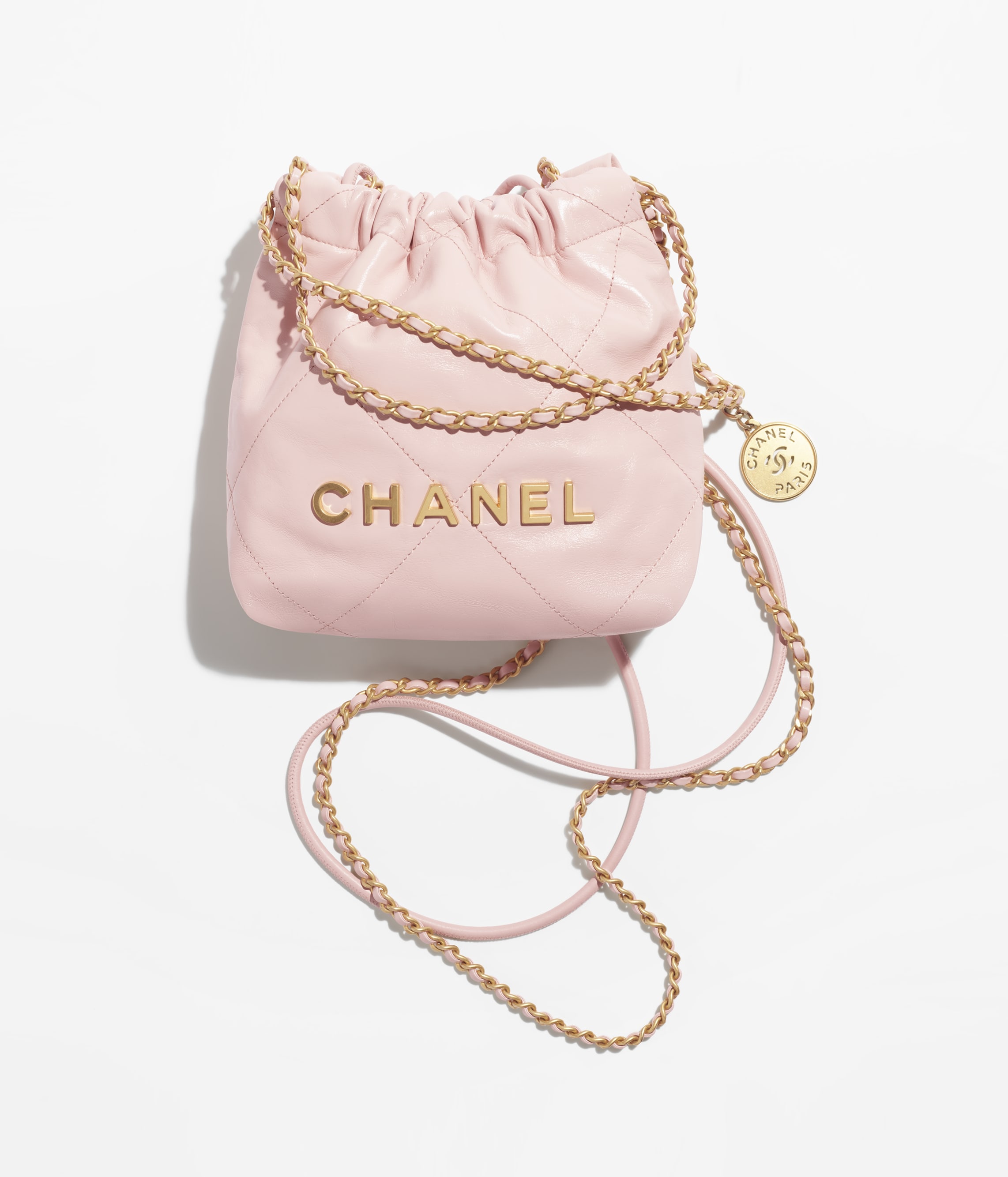 Chanel 22 Mini Handbag Shiny Calfskin & Gold-Tone Metal Light Pink