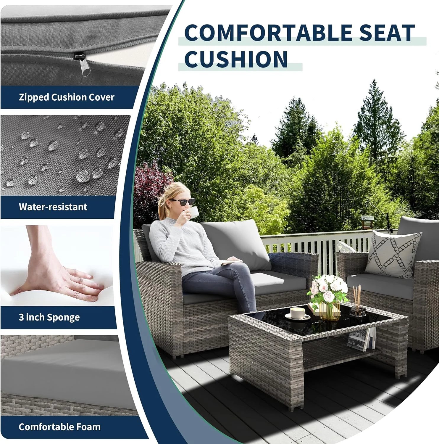 Poteban Wicker Patio Furniture Set, 4 Piece Outdoor Sectional Conversation Sets, Gray PE Rattan Patio Sofa Set for Balcony, Porch, Backyard, Grey