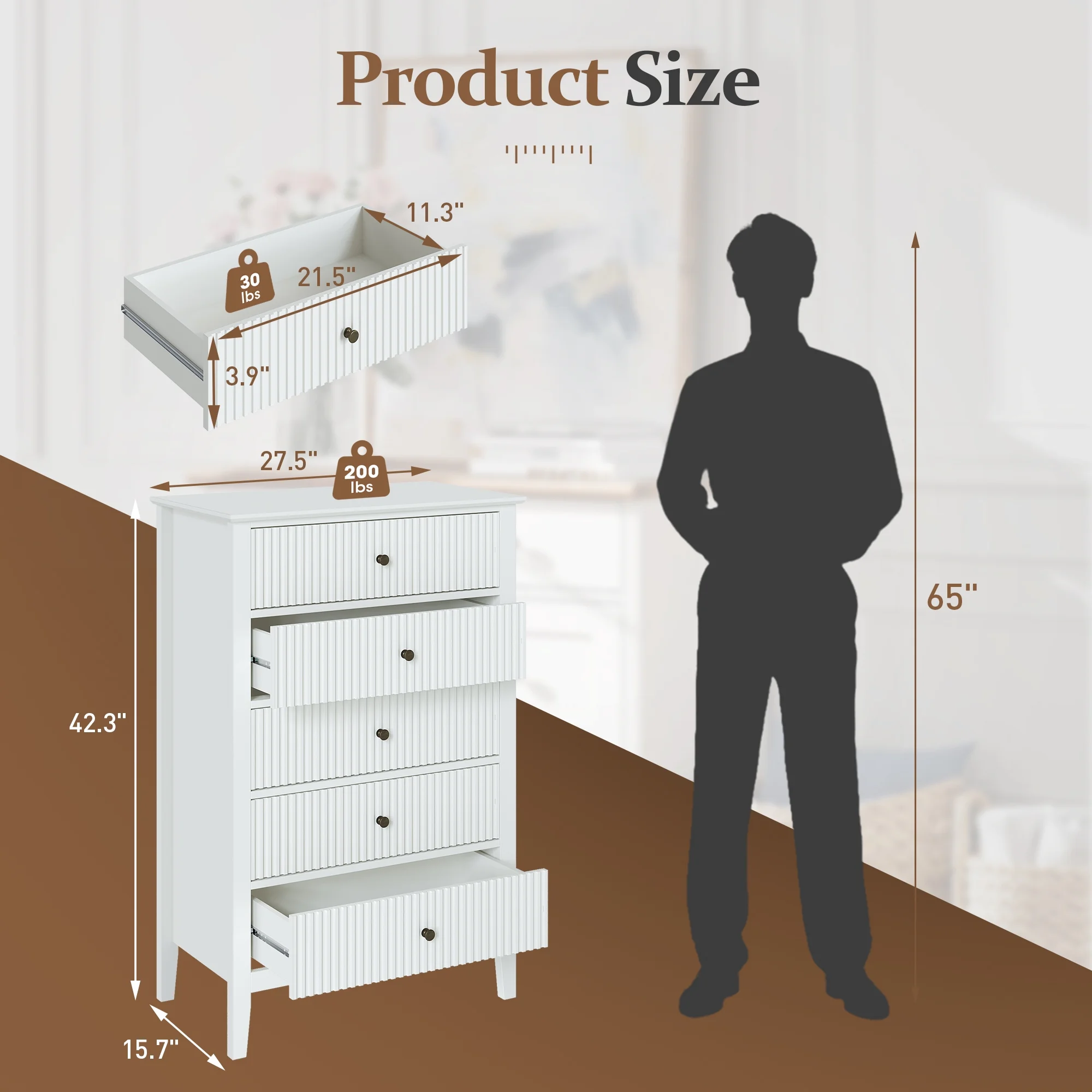 May Color Large White 3 Drawer Dresser Set of 2 with Fluted Panel, Modern Chest of Drawers with Silent Slide Drawers, Wood Accent Nightstand with Storage for Bedroom Living Room, Hallway