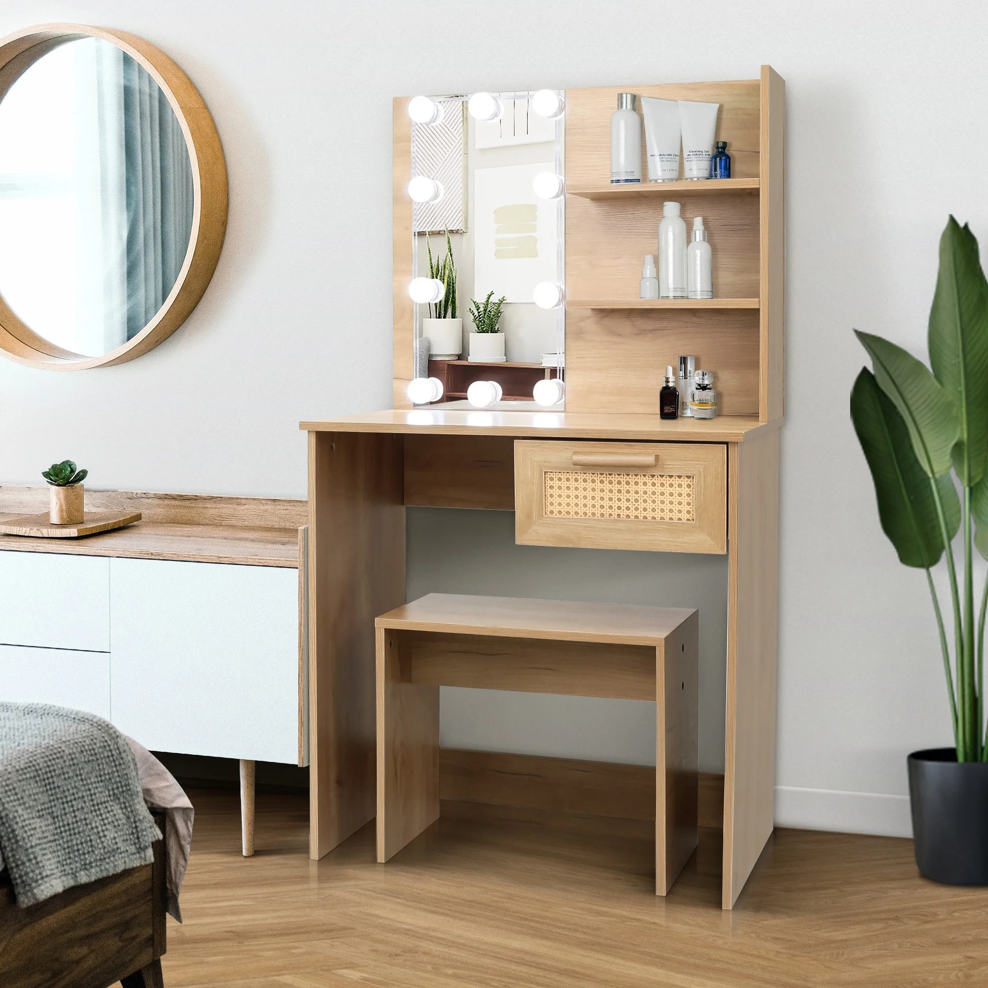 PORKISS Makeup Vanity Desk with Mirror & Lights, Vanity Table Set with Power Outlet & Hair Dryer Rack, Modern Dressing Table for Bedroom with 2 Drawers, Storage Cabinet and Storage Stool, White