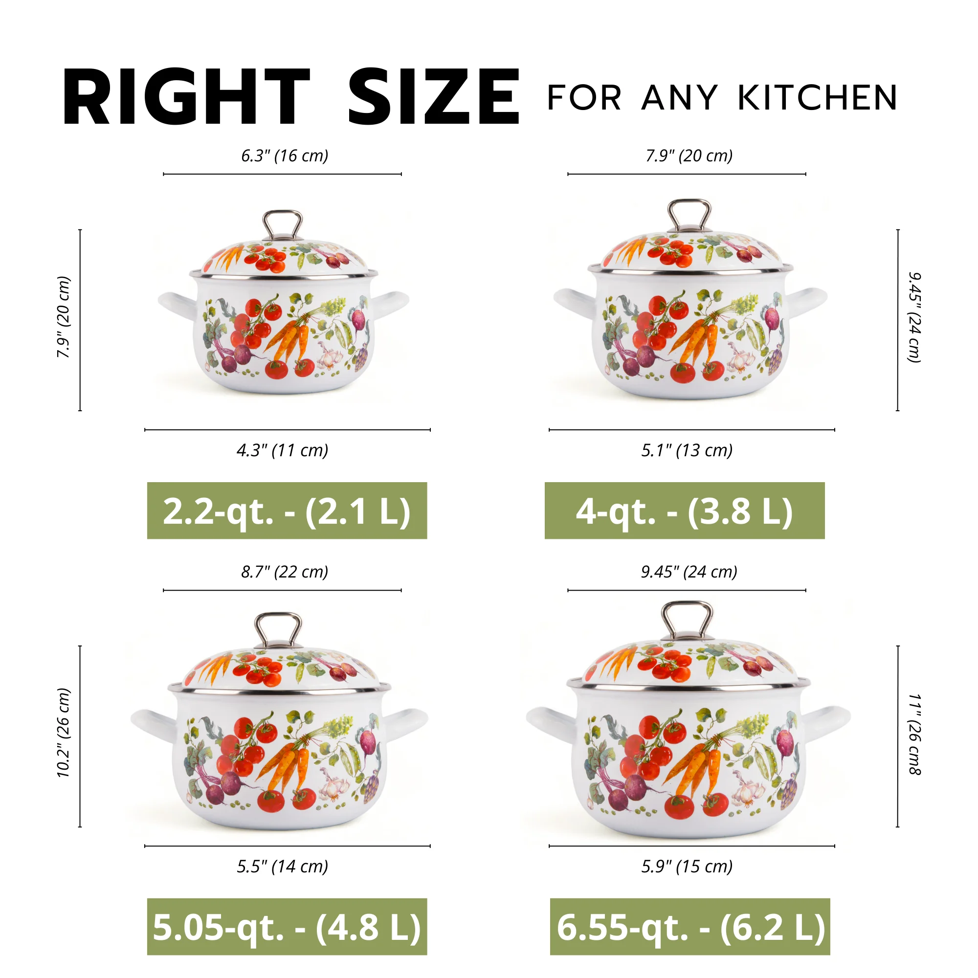 STPgoods Enameled Aluminum Belly Deep Stock Pot with Lid Set of 2 Vegetable Garden Cooking Pot Set 2.2 Qt 4 Qt 5.05 Qt and 6.55 Qt Enamel Soup Pots