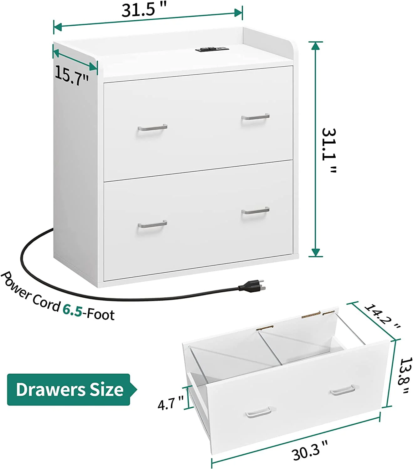 Dextrus Wood File Cabinet with Charging Station, Lateral Filing Cabinet Printer Stand Fits A4 Letter Legal Size Files, White
