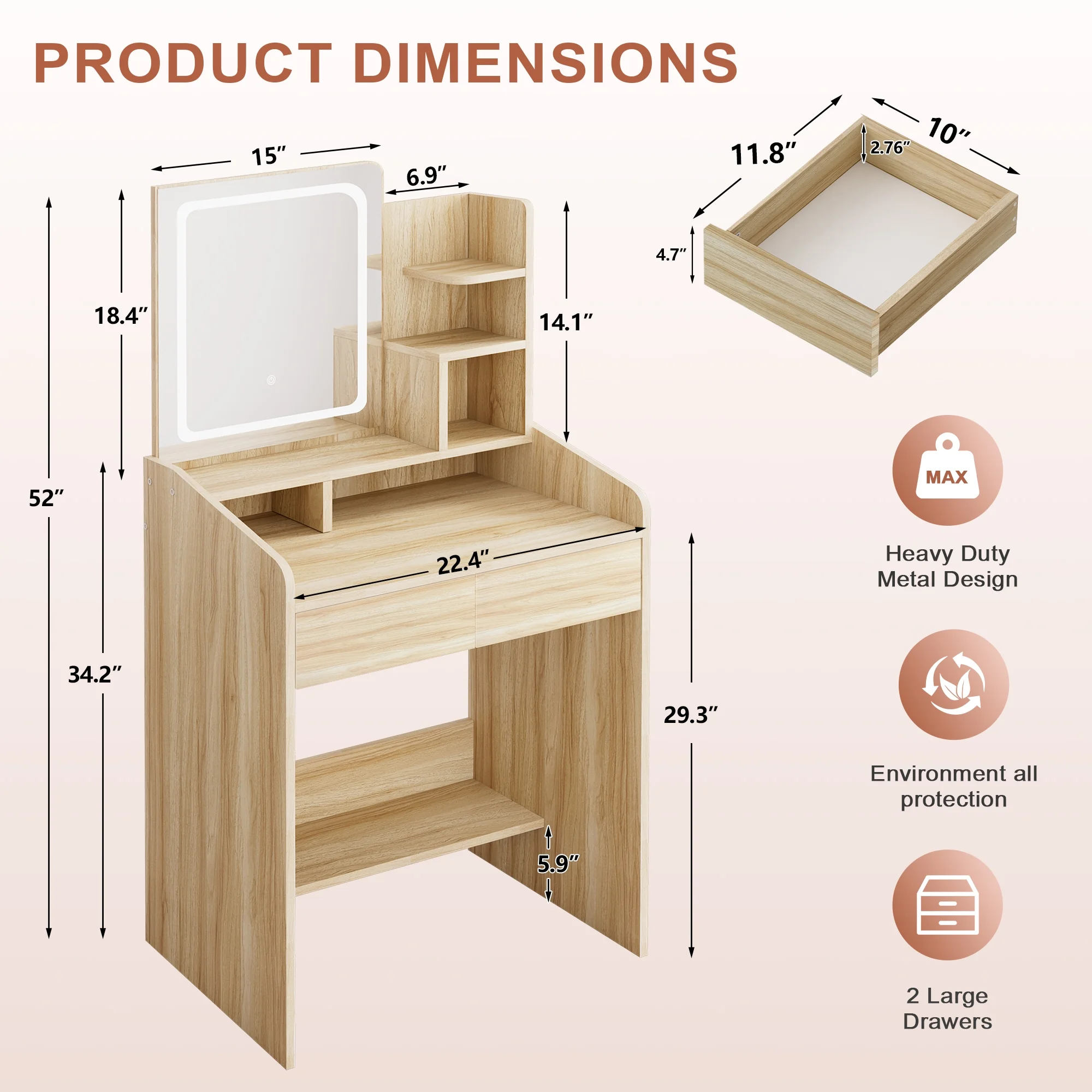 LIVELYGLOW Vanity Desk Set with Square Mirror and Light- Small Vanity Table with Drawers- White