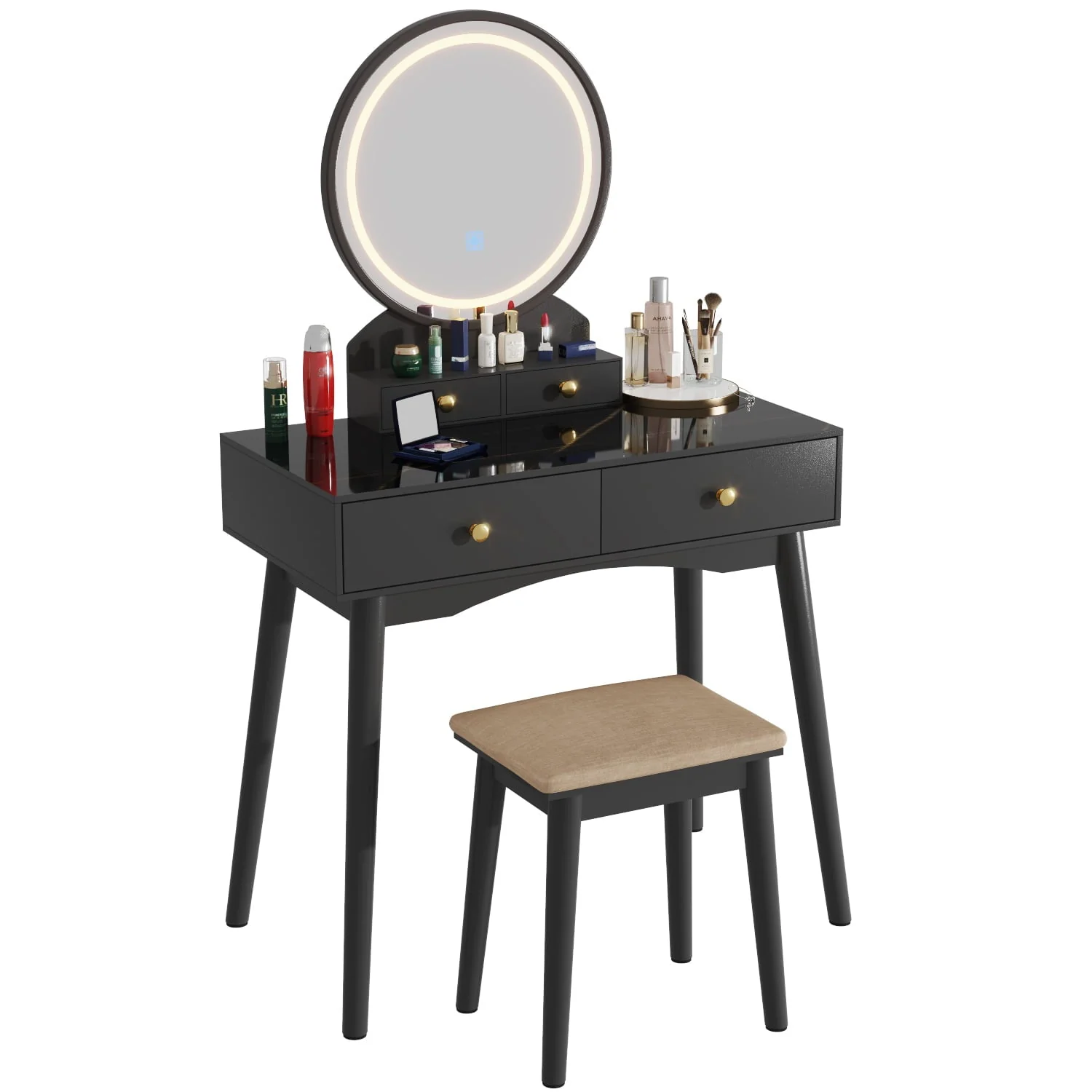 Furmax Vanity Table with Lighted Mirror, Vanity Desk with Stool, Dressing Table with 4 Drawers, Makeup Vanity Set, Black Finish, for Bedroom