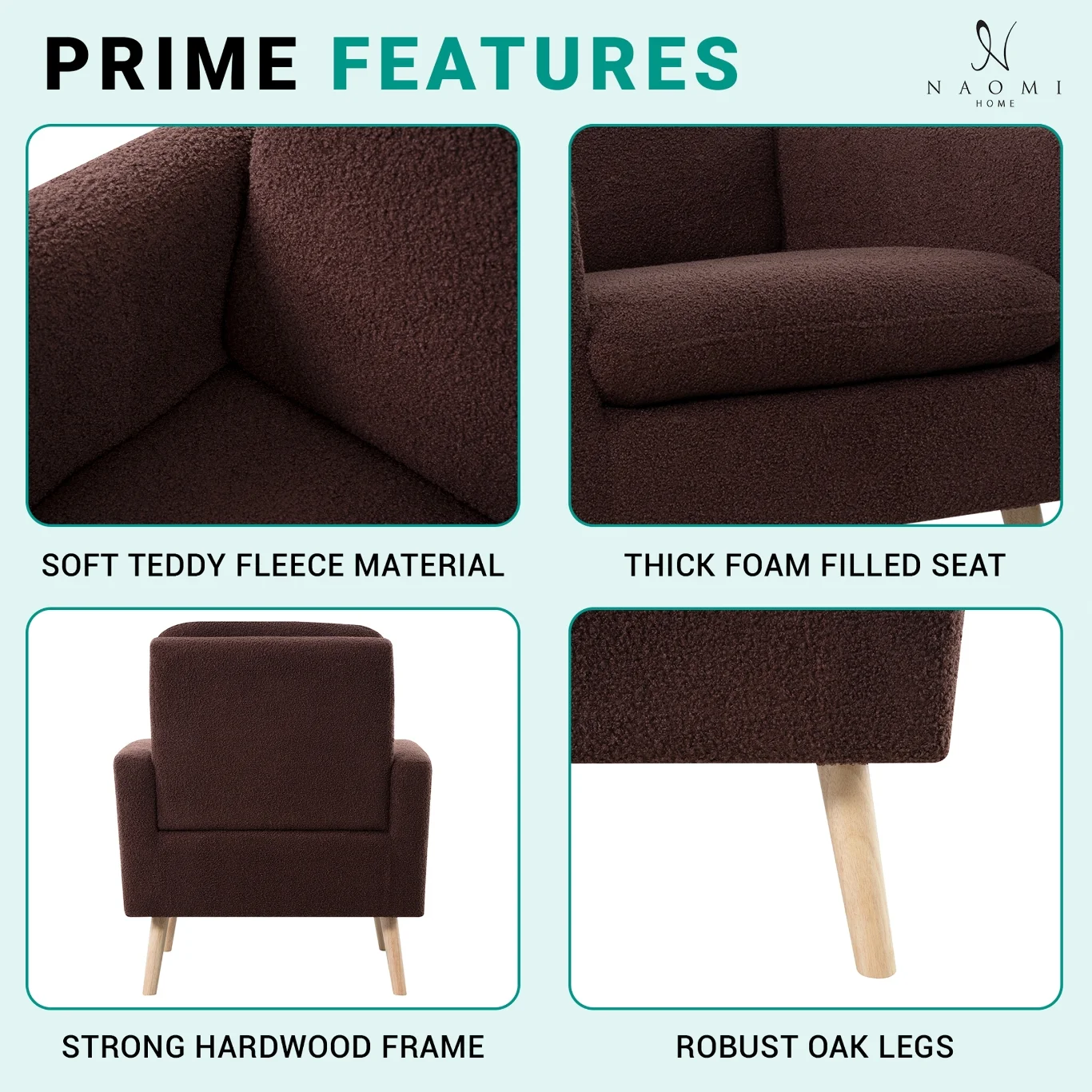 Naomi Home Frida Mid-Century Modern Accent Chair, Espresso Teddy Fleece Upholstered Armchair with Oak Legs, 28.74