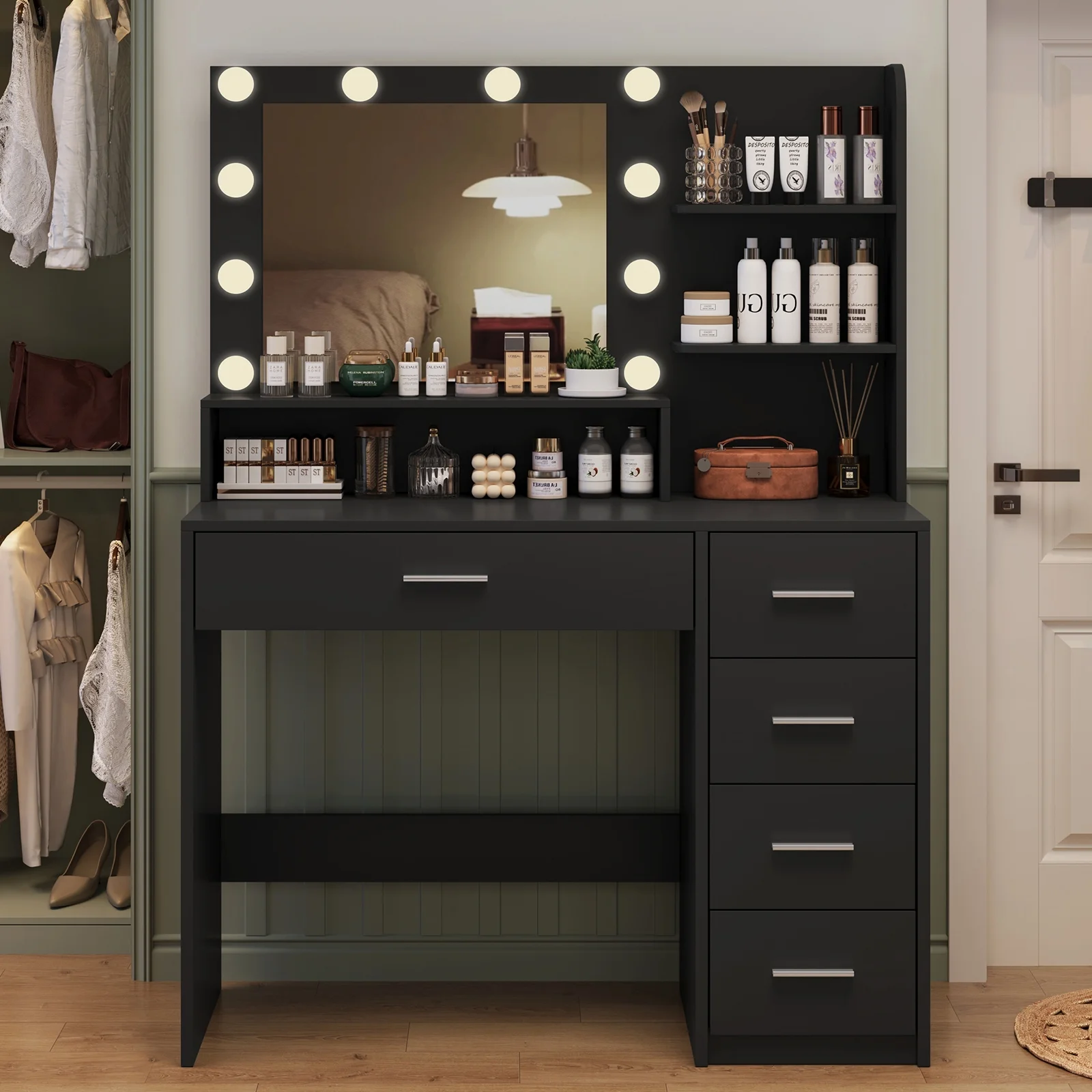 Makeup Vanity Desk with Mirror & Lights, Vanity Table with 5 Drawers & Storage Shelves, Makeup Vanity , 3 Color Modes & Adjustable Brightness Dressing Table, Bedroom, White