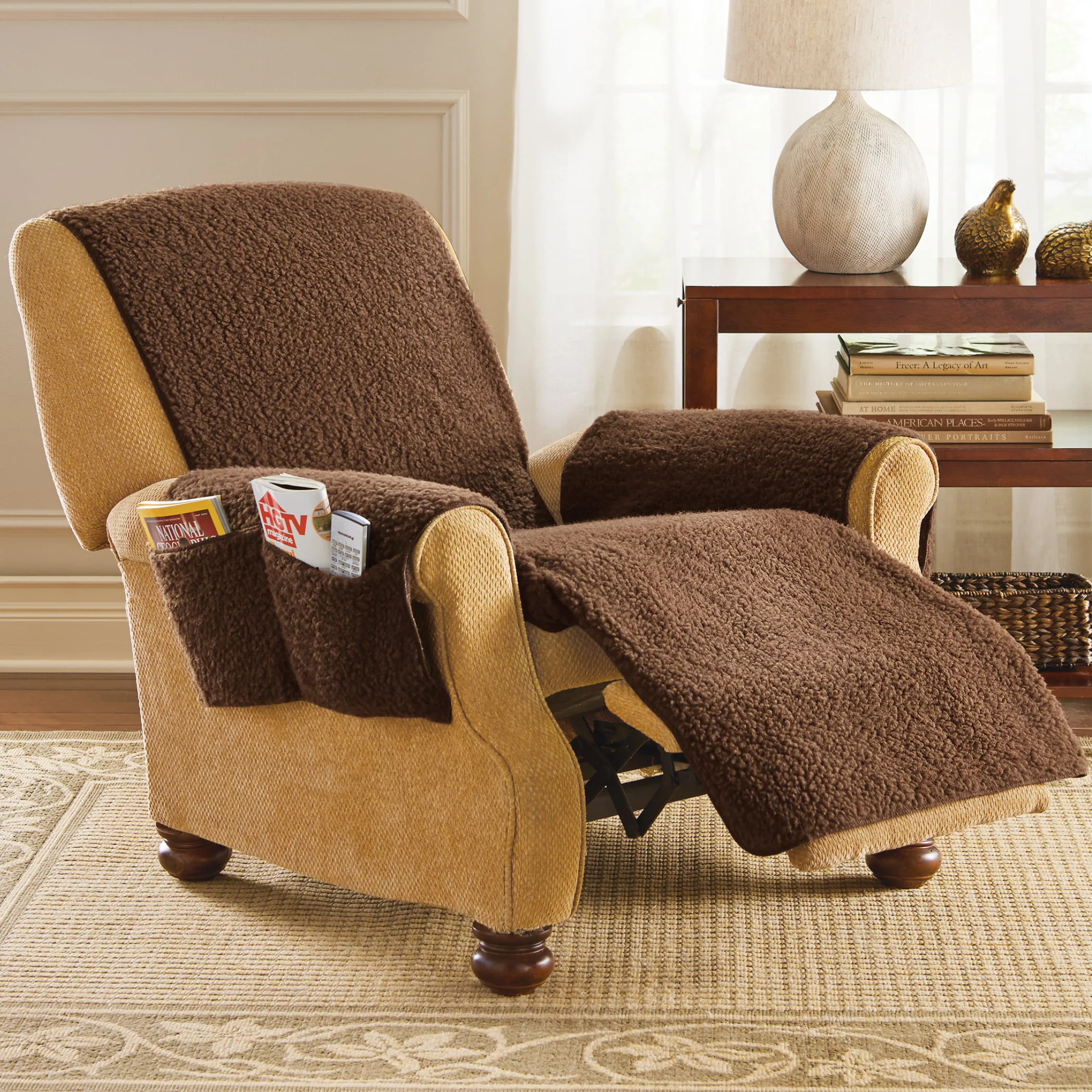 Collections Etc Fleece Recliner Furniture Protector Cover with Pockets, Brown