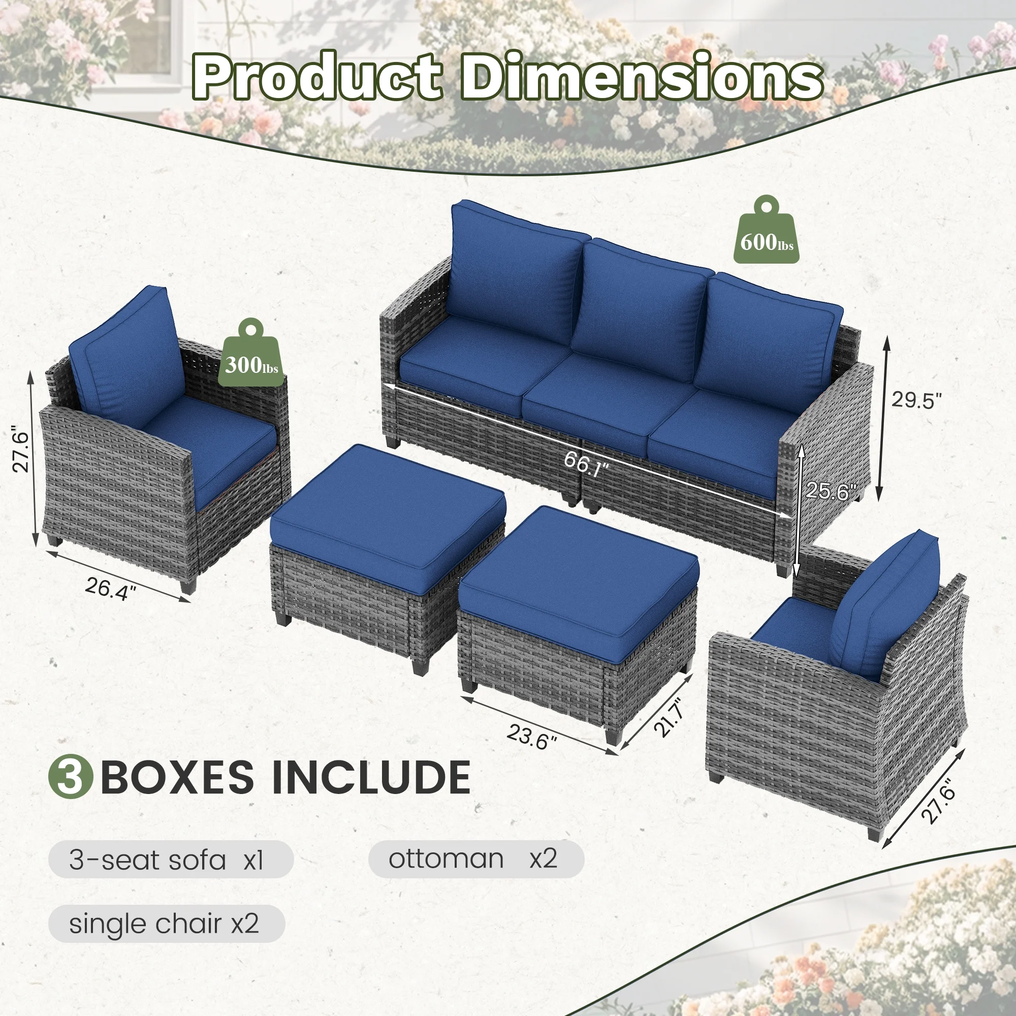 POTEBAN Patio Furniture Set, 7 Pieces Outdoor Sectional Sofa Couch with Chairs, Ottomans and Comfy Cushions, All Weather Wicker Rattan Patio Conversation Set for Garden Backyard Dark Grey
