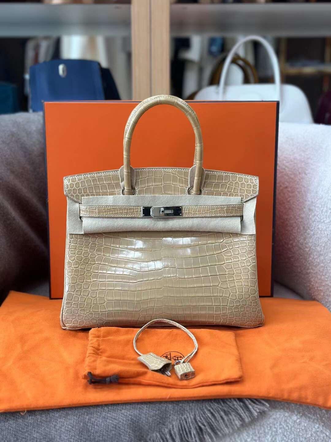 Hermes beige silver buckle shiny inverted V crocodile birkin 25-30CM customization