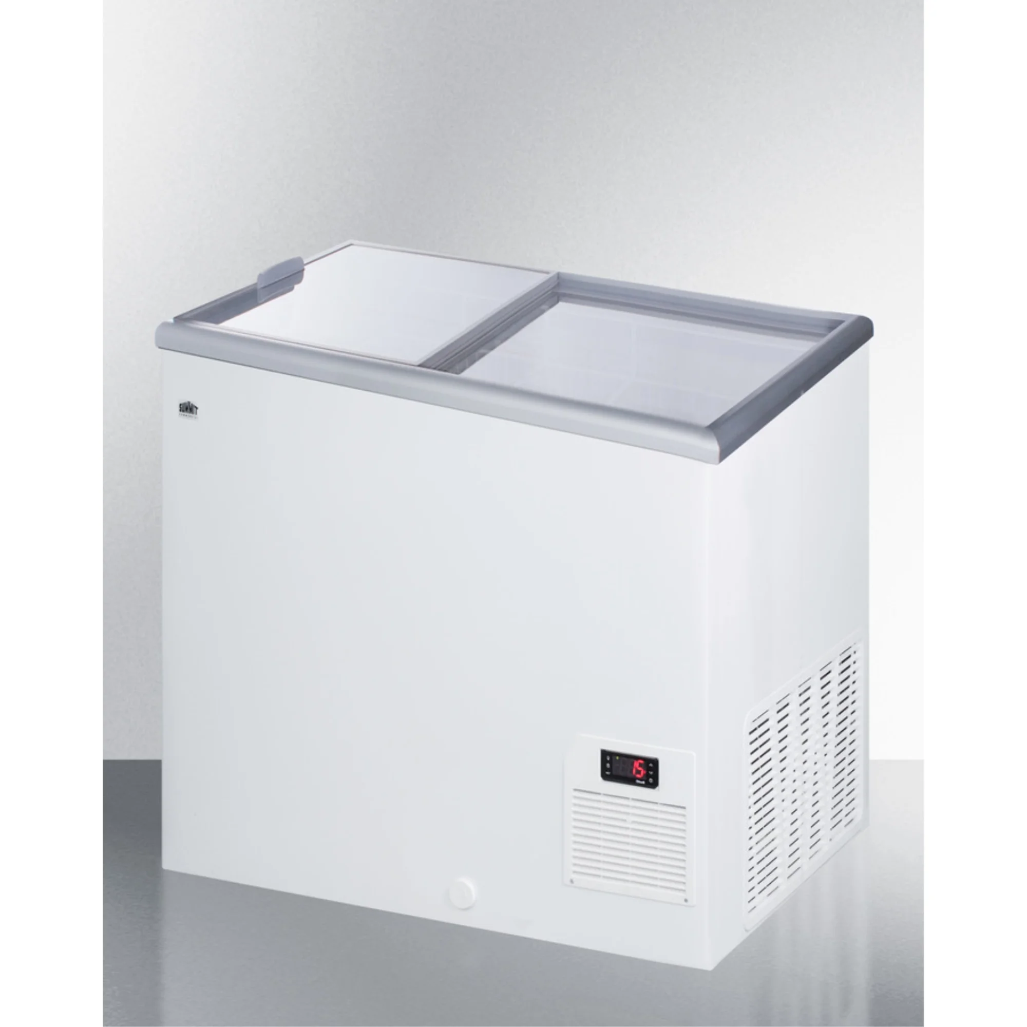Flat top commercial ice cream freezer with sliding glass lid, digital thermostat, and novelty baskets