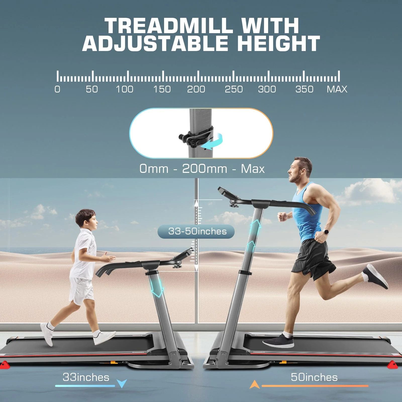 Folding Treadmill with Removable Desk, Foldable Treadmill with Adjustable Height, Treadmill 300lb Weight Capacity, White
