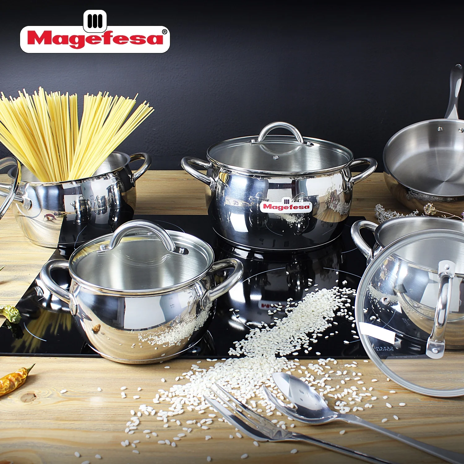Magefesa Kuchen 9-Piece Stainless Steel Cookware Set, Includes Four Pots and a Frying Pan with Glass Lids and Ergonomic Handles, Suitable for All types of Stovetops including Induction