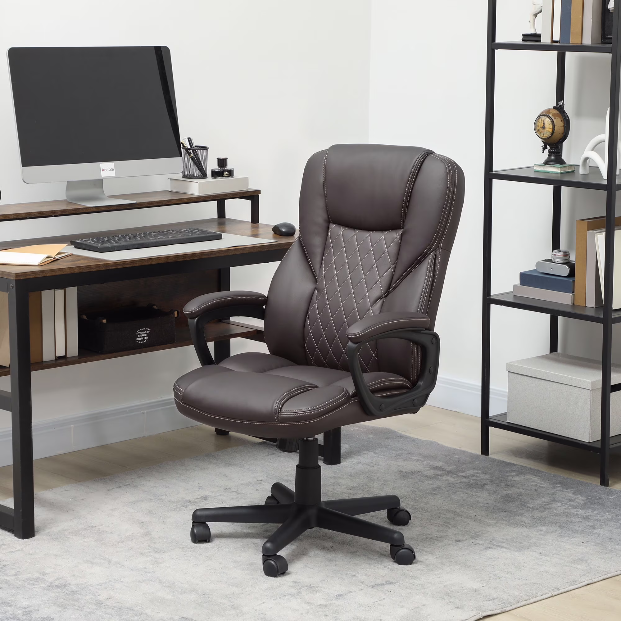 HOMCOM High Back Executive Office Chair, PU Leather Computer Desk Chair with Adjustable Height, Padded Armrests and Swivel Wheels, Black