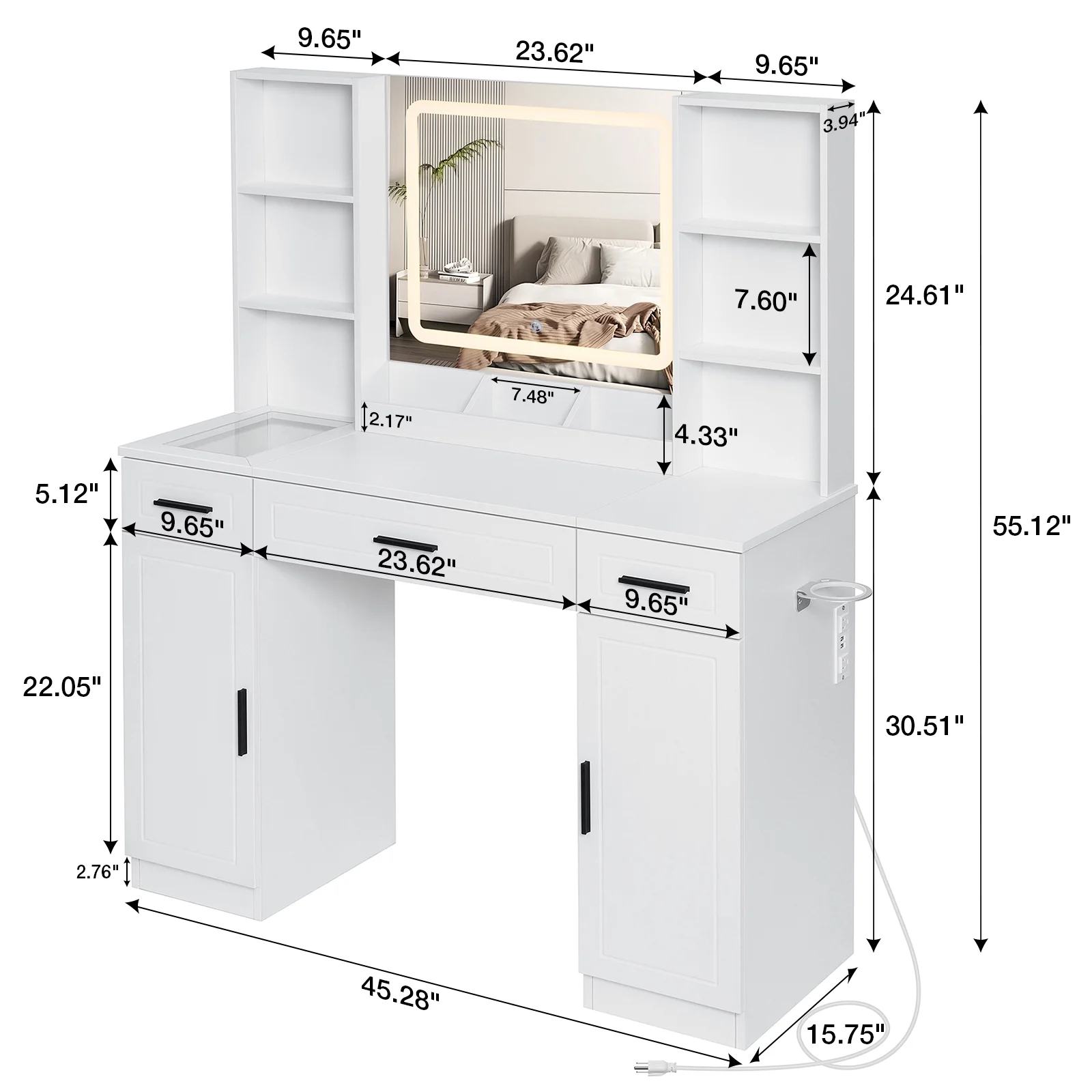 Hommpa Vanity, Makeup Vanity with LED Lighted Mirror Vanity Desk with Drawers Vanity Table with Charging Station for Girls Bedroom Storage Shelves, White