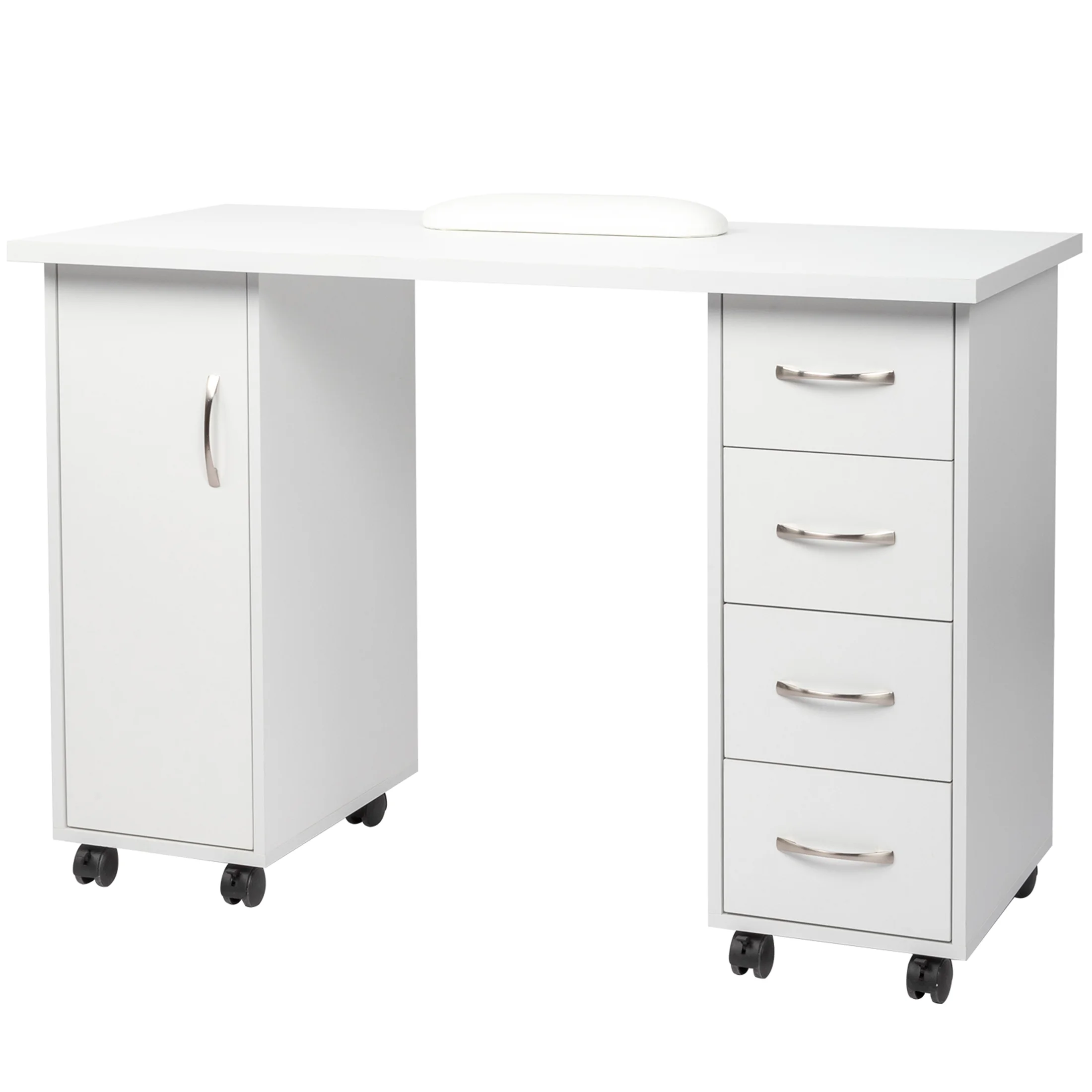 Sesslife White Computer Desk, Writing Desk with Lockable Wheels???Modern Wood Study Desk with 4 Drawers for Home Office Workstation