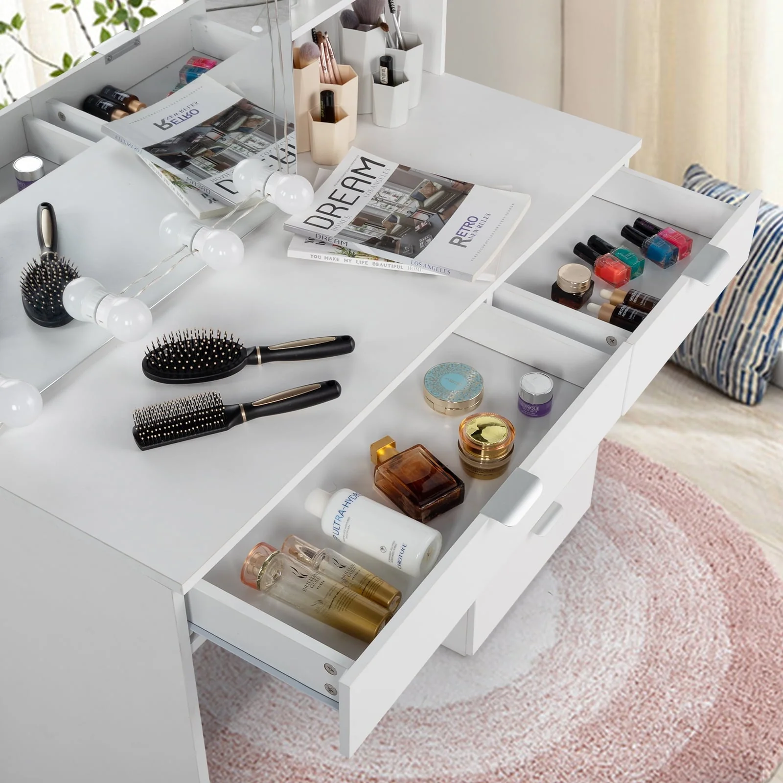 Ktaxon Vanity Set with 3 Color Lighted Mirror, Makeup Table with 6 Drawers, Dressing Table Makeup Desk with Stool,White