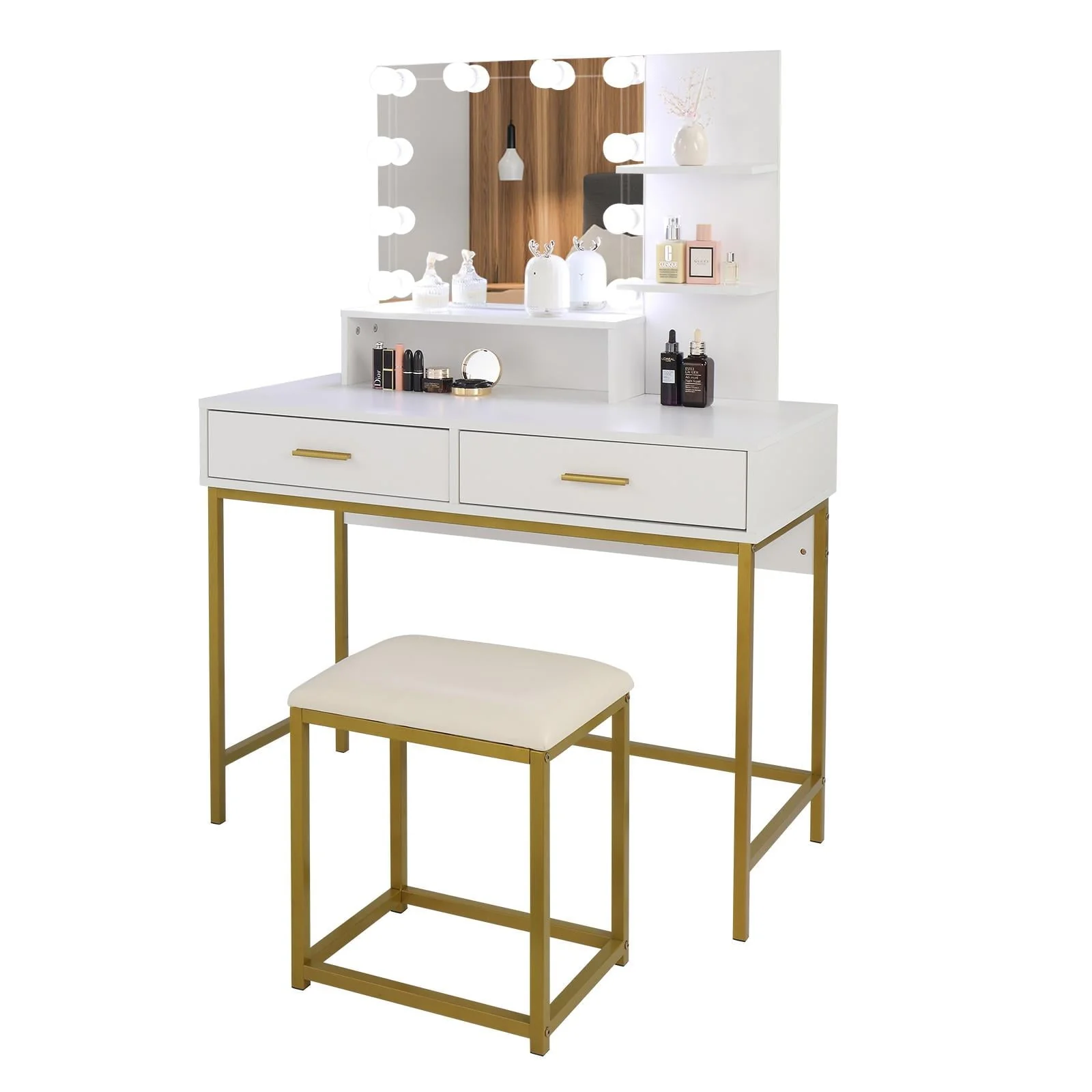Ktaxon Vanity Table Set with 3 Color Lighted Mirror & Stool, Makeup Vanity Dressing Table, 2 Drawers and Storage Shelves for Bedroom, Gold Vanity Desk for Women Girls (White)