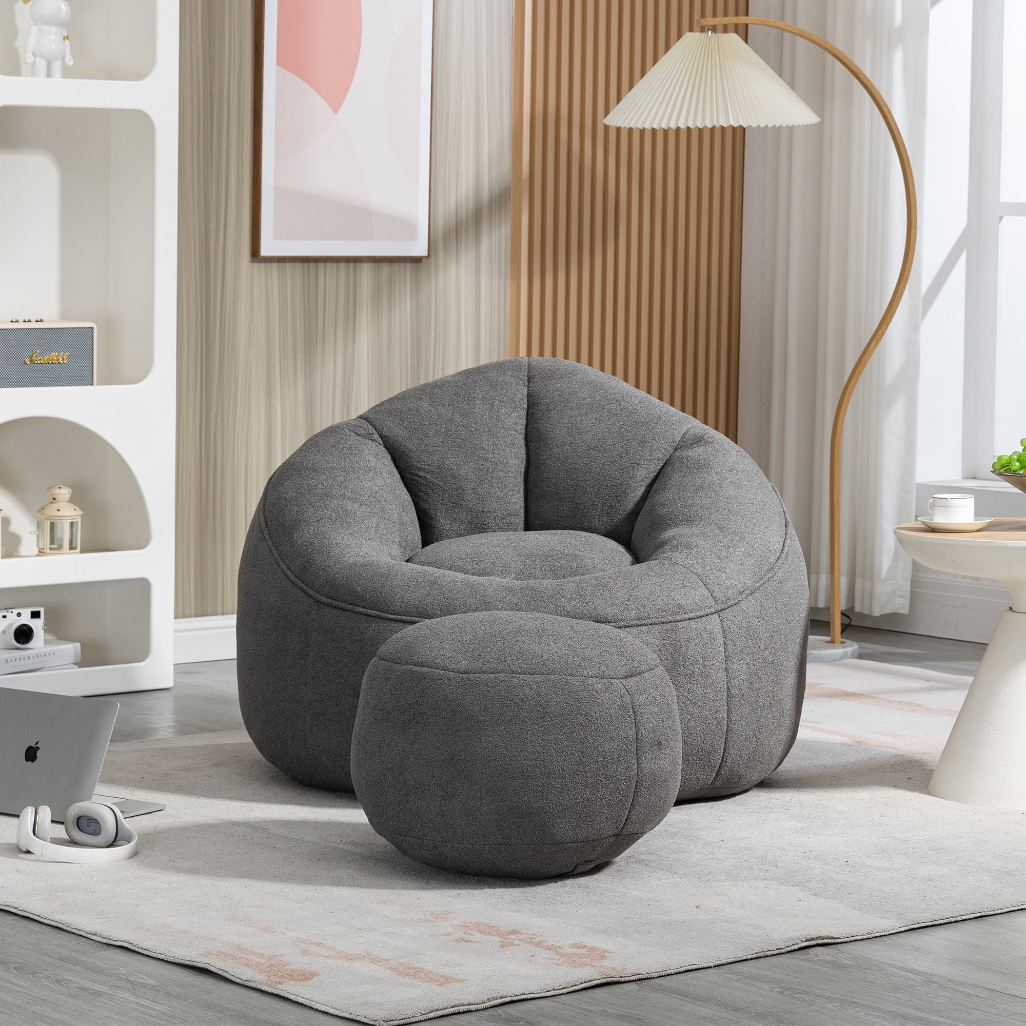 MOONMISS Microfiber Upholstered High Pressure Foam Round Lazy Bean Bag Sofa Chair with Ottoman-Gray