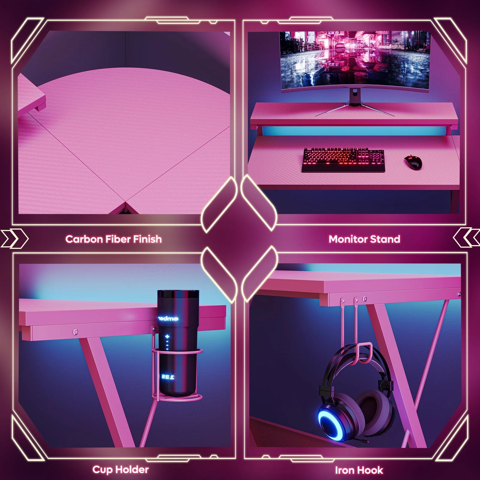 Bestier Pink Computer Desk with LED Light L-Shaped Desk Gaming Computer Desk with Monitor Stand